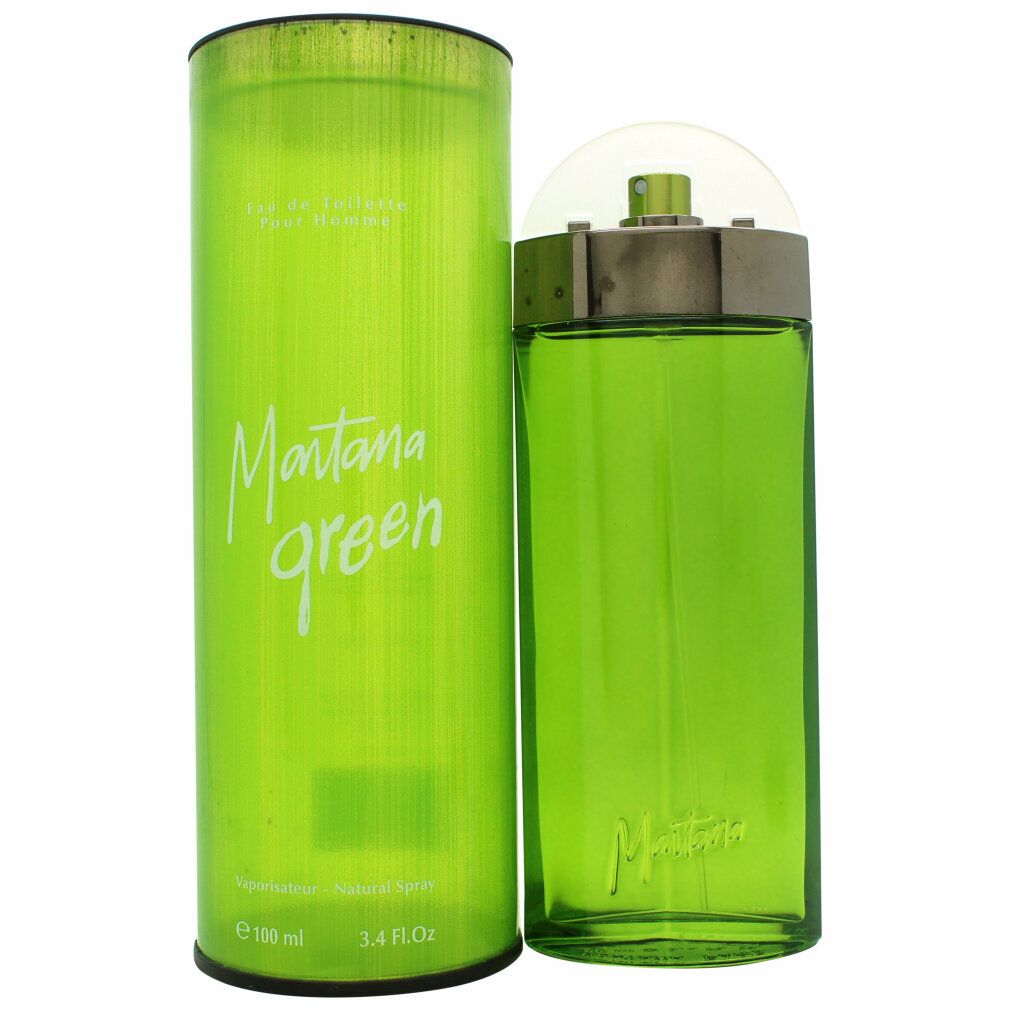 Flacone e confezione verdi, Montana Green. Flacone con vaporizzatore, confezione cilindrica. Scritta bianca.