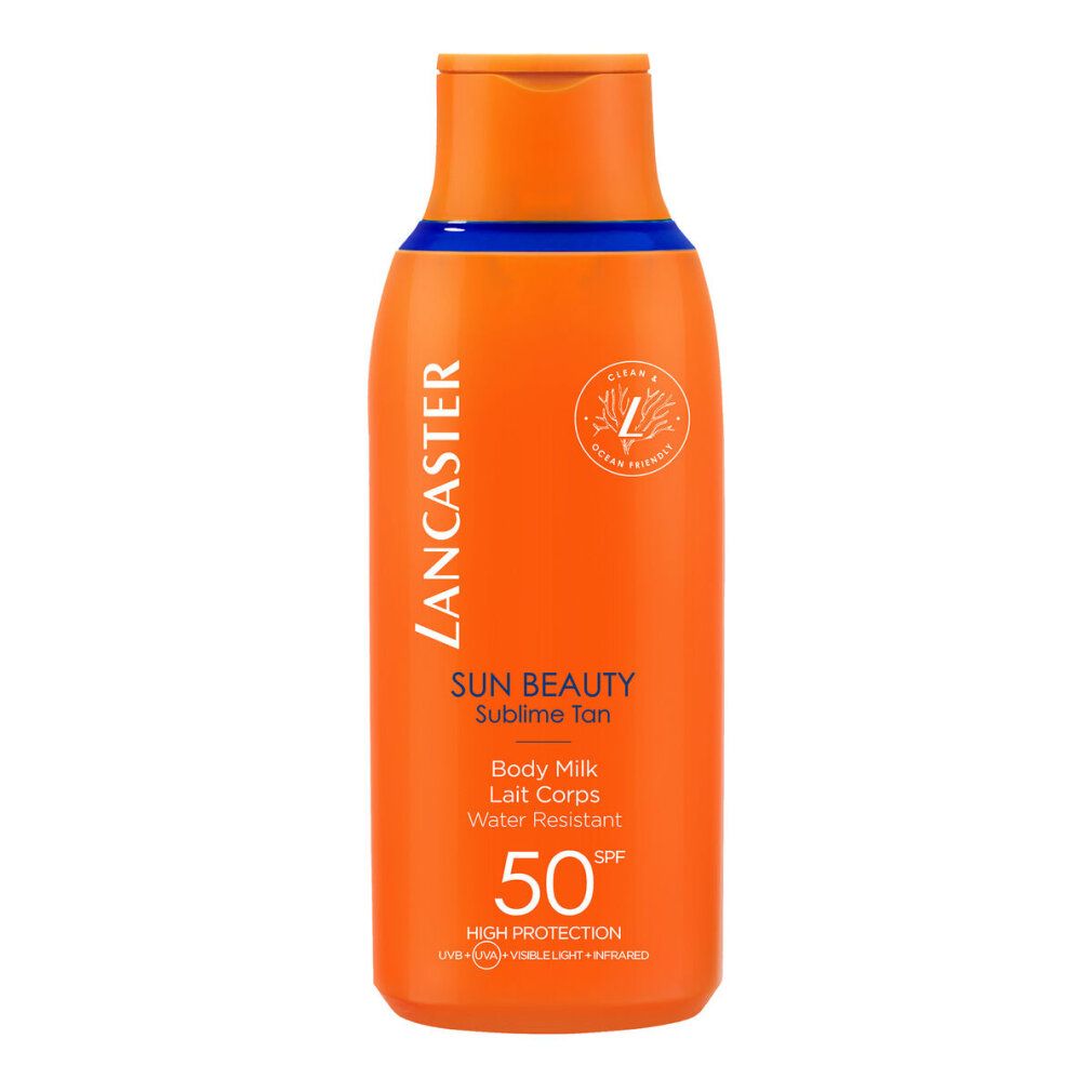 Orangefarbene Flasche mit blauem Deckel. Text: Lancaster Sun Beauty, SPF 50, wasserfest.