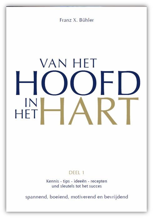 Buchcover mit Titel "Van het hoofd in het hart". Autor: Franz X. Bühler. Untertitel und weitere Textzeilen in Niederländisch.