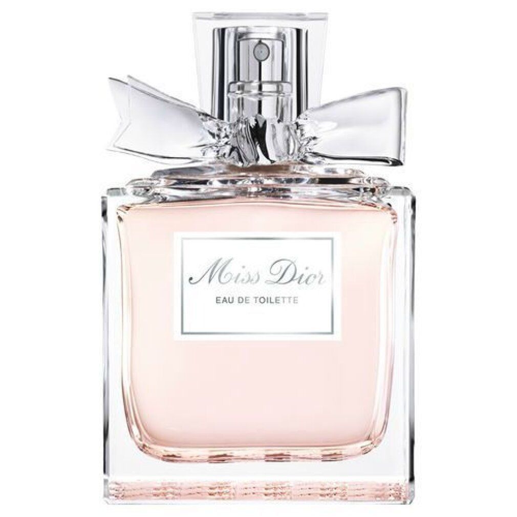 Parfümflasche mit rosa Flüssigkeit, silberner Schleife und Aufschrift Miss Dior Eau de Toilette. Klarer Sprühkopf.