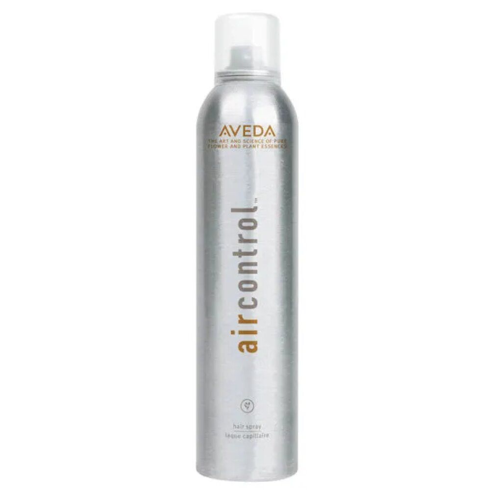Silberne Haarspray-Dose mit weißem Deckel. Aufschrift: Aveda, air control. Text: dry spray, tenue légère.