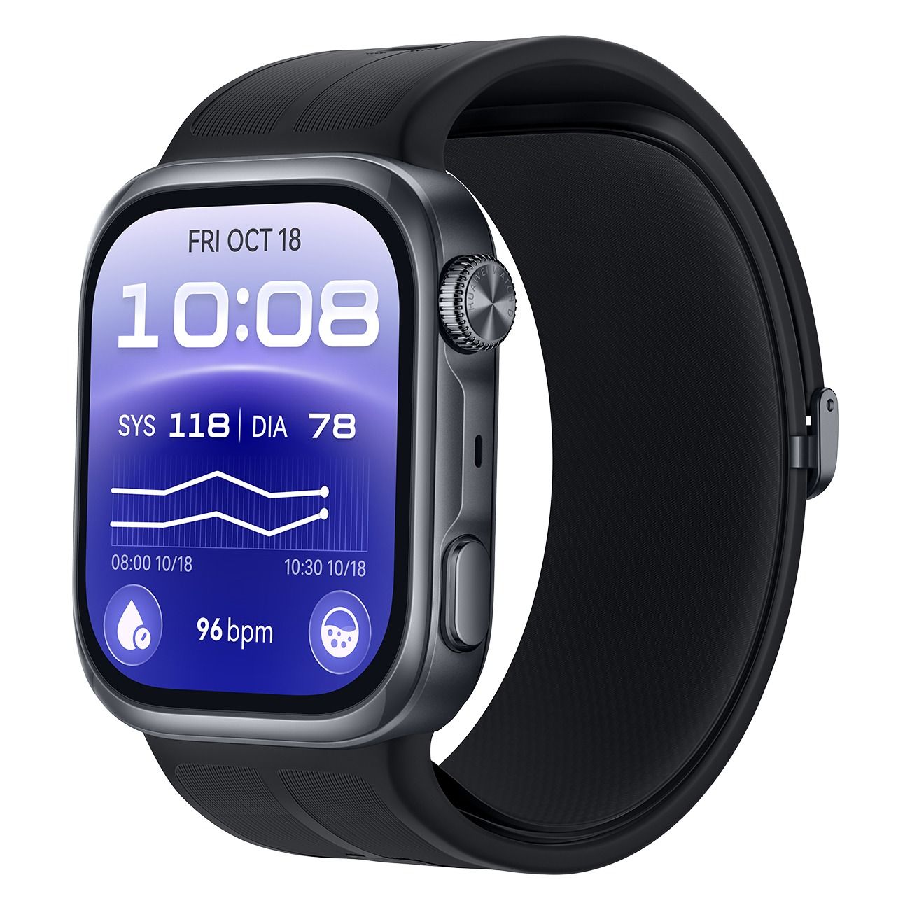 Graue Smartwatch mit schwarzem Armband, zeigt Blutdruck und Herzfrequenz auf dem Display.