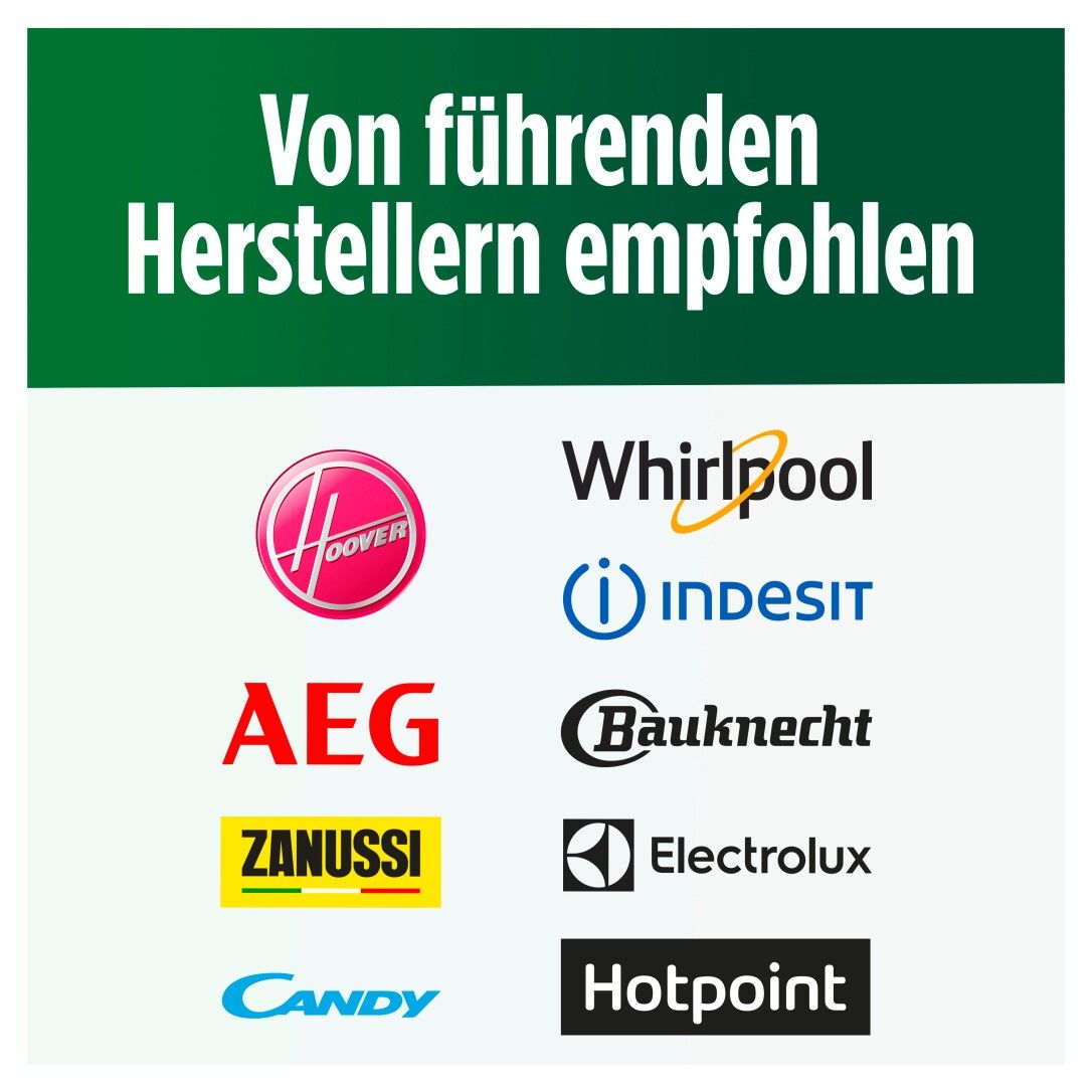 Text: Von führenden Herstellern empfohlen. Logos von Hoover, Whirlpool, Indesit, AEG, Bauknecht, Zanussi, Electrolux, Candy, Hotpoint.