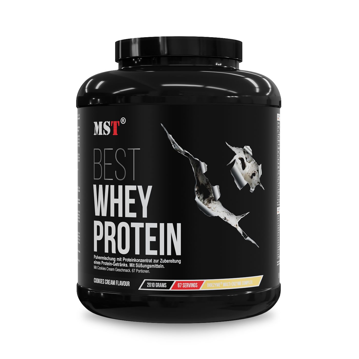 Schwarzer Behälter von MST Best Whey Protein mit Cookie Cream Geschmack. 2010 Gramm, 67 Portionen.