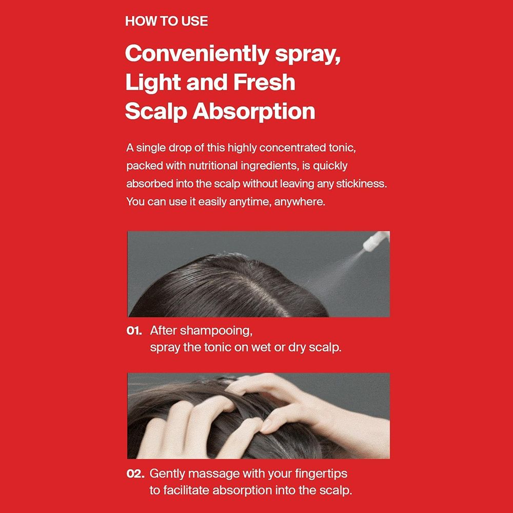 Roter Hintergrund mit Text und Bildern. Anwendung: Nach dem Shampoonieren auf die Kopfhaut sprühen.