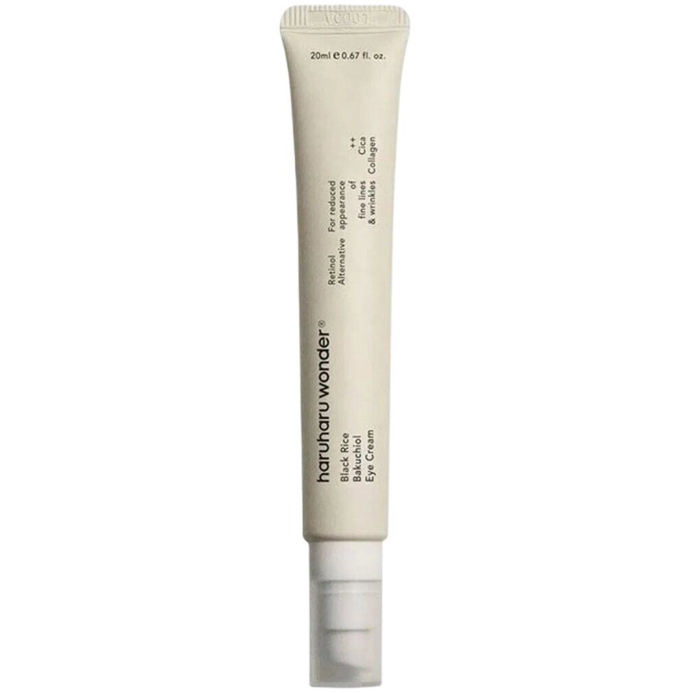 Haruharu WONDER Black Rice Bakuchiol Augencreme Tube, isoliert auf weißem Hintergrund. Klare Produktansicht.