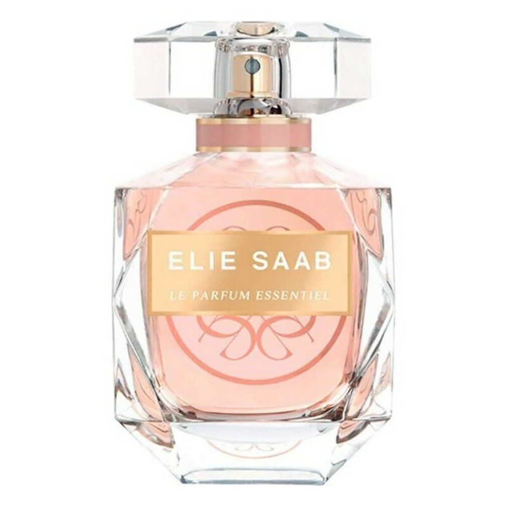 Parfümflakon mit rosa Flüssigkeit. Aufschrift: ELIE SAAB LE PARFUM ESSENTIEL. Transparenter Deckel.