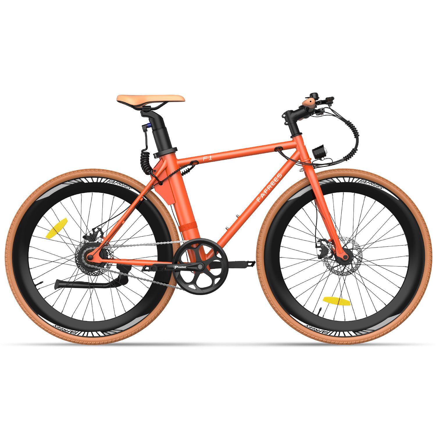 Orangefarbenes Elektrofahrrad mit braunen Reifen und Sattel. Fafrees-Logo und F1-Modellbezeichnung sichtbar.