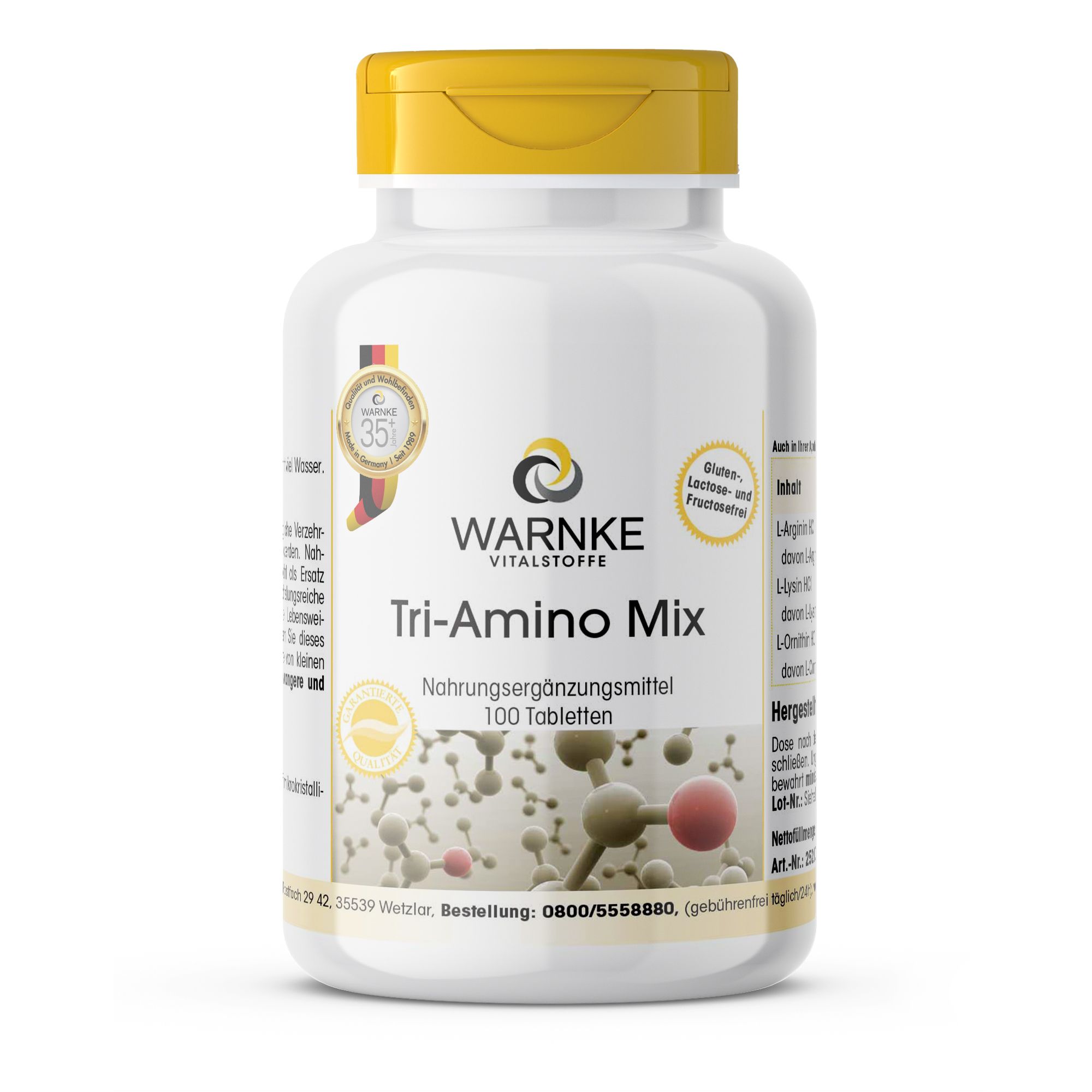 Weiße Tablettenflasche mit gelbem Deckel. Aufschrift: Warnke Vitalstoffe Tri-Amino Mix. 100 Tabletten. Mit Siegel.