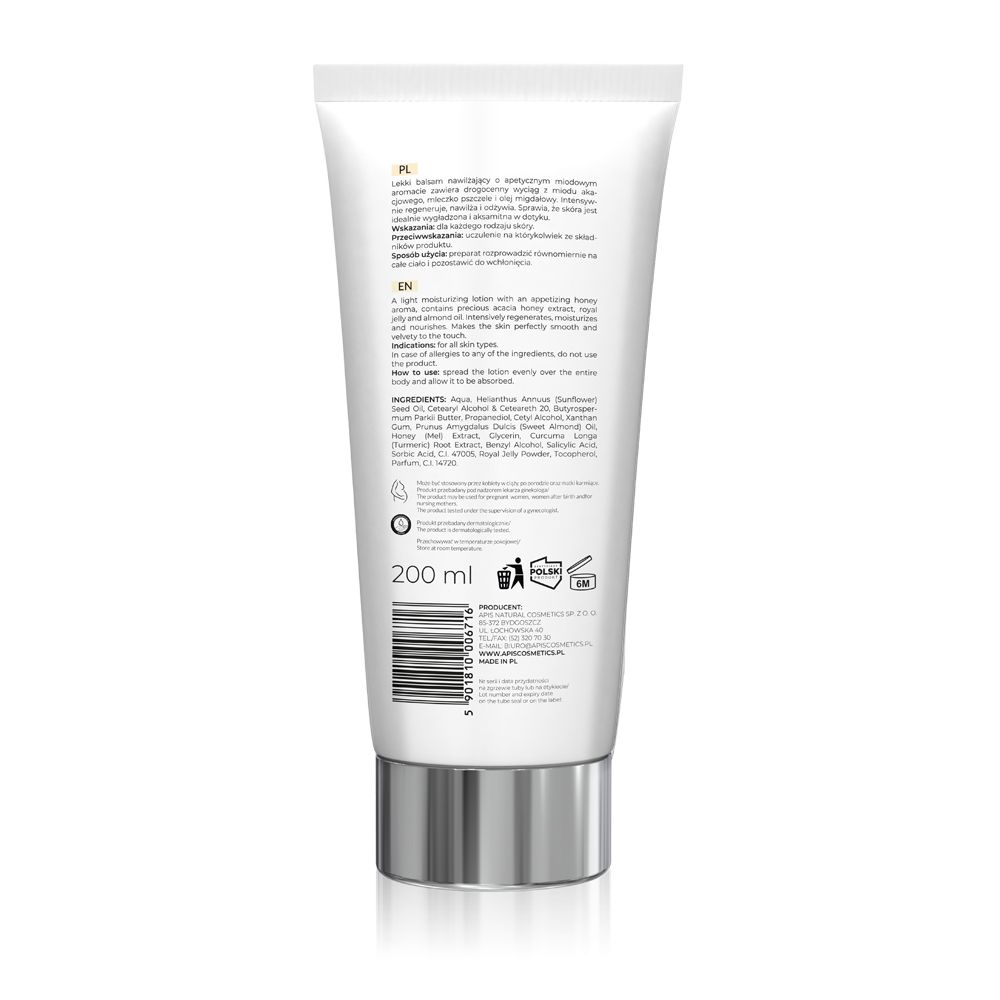 Rückseite einer weißen Tube. Text: Inhaltsstoffe, 200 ml, Symbole für Gebrauchsanweisung und Recycling.