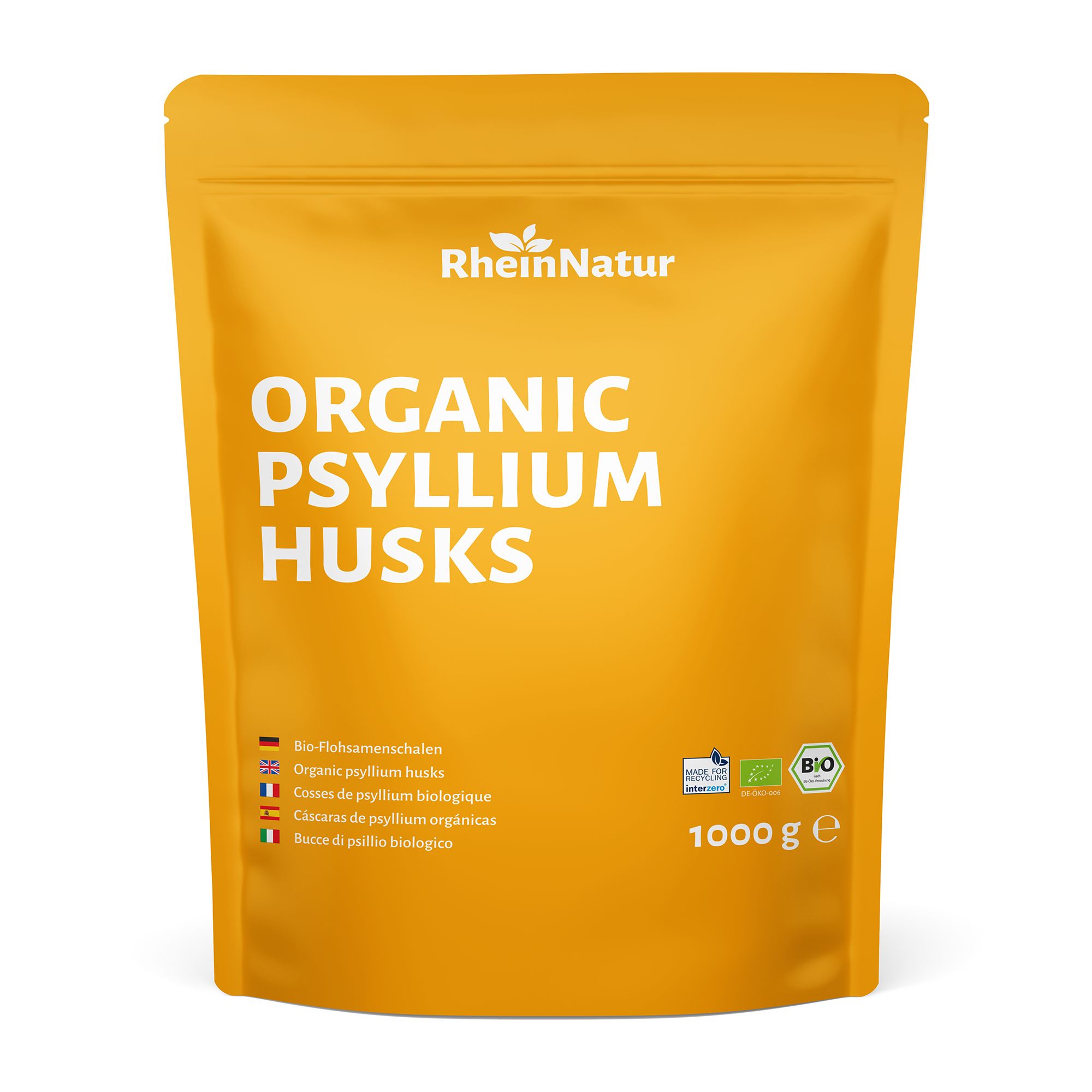 Gelbe Standbeutel mit "RheinNatur"-Logo und "Organic Psyllium Husks"-Schriftzug. Bio-Siegel und 1000g-Angabe.