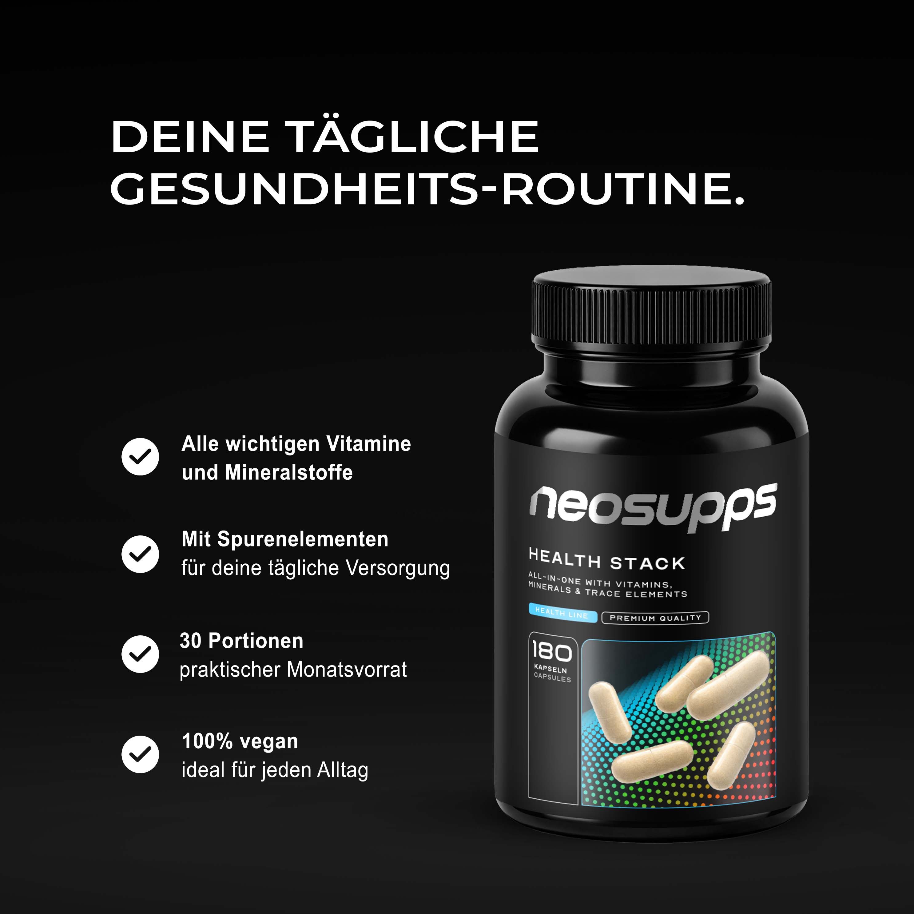 Neosupps Health Stack Dose mit Liste von Vorteilen: Vitamine, Mineralstoffe, Spurenelemente, 30 Portionen, 100% vegan.