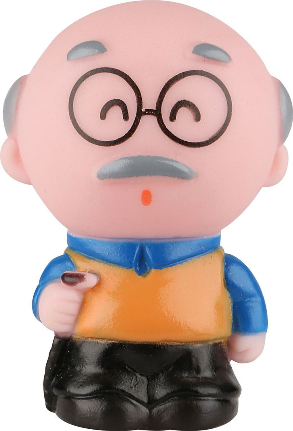 Fingerpuppe, Mann. Gelbe Weste, schwarze Hose. Brille, Schnurrbart. Gesicht mit Augen, Nase und Mund.