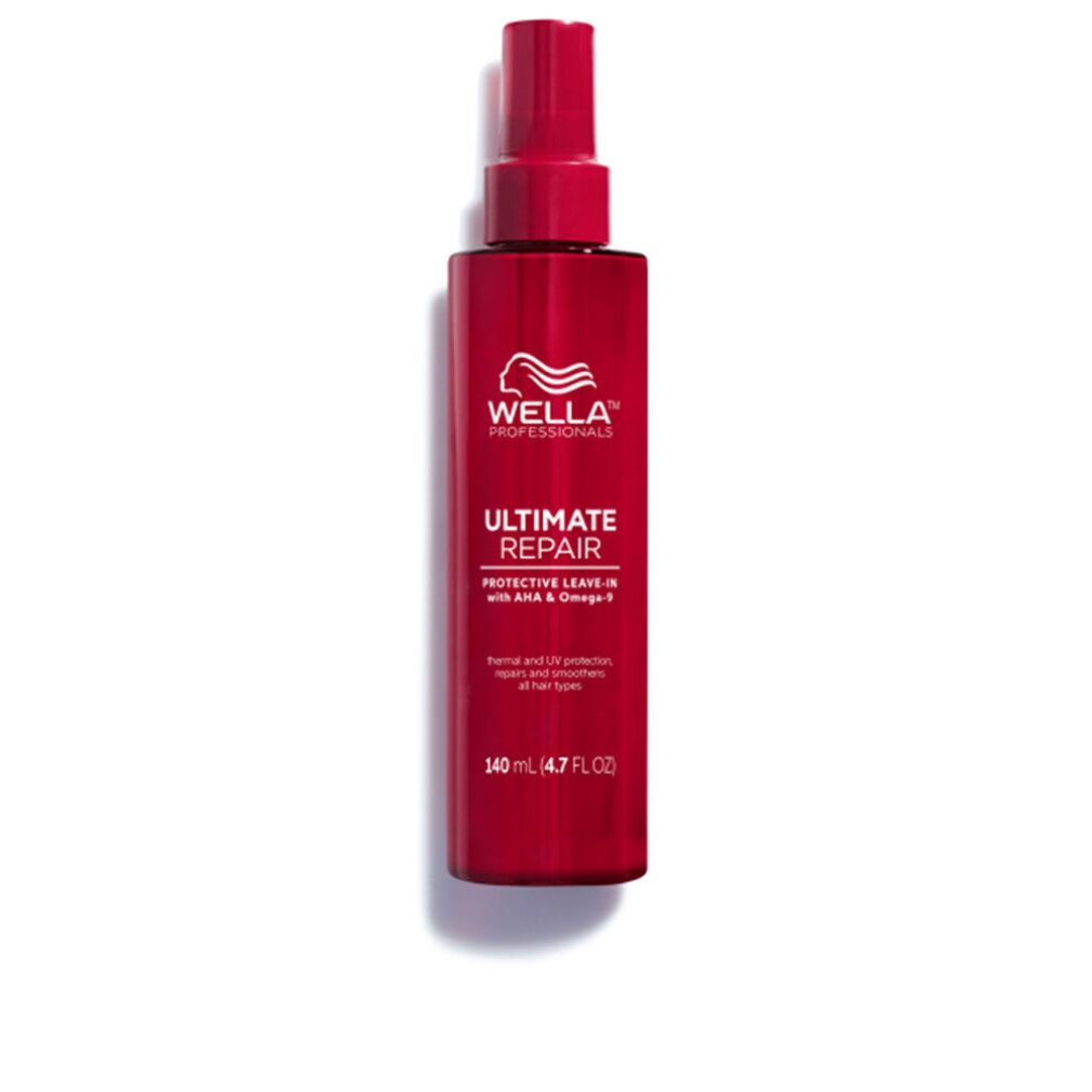 Rote Sprühflasche mit Produktnamen und Logo. Text: Ultimate Repair Protective Leave-In, 140 ml.