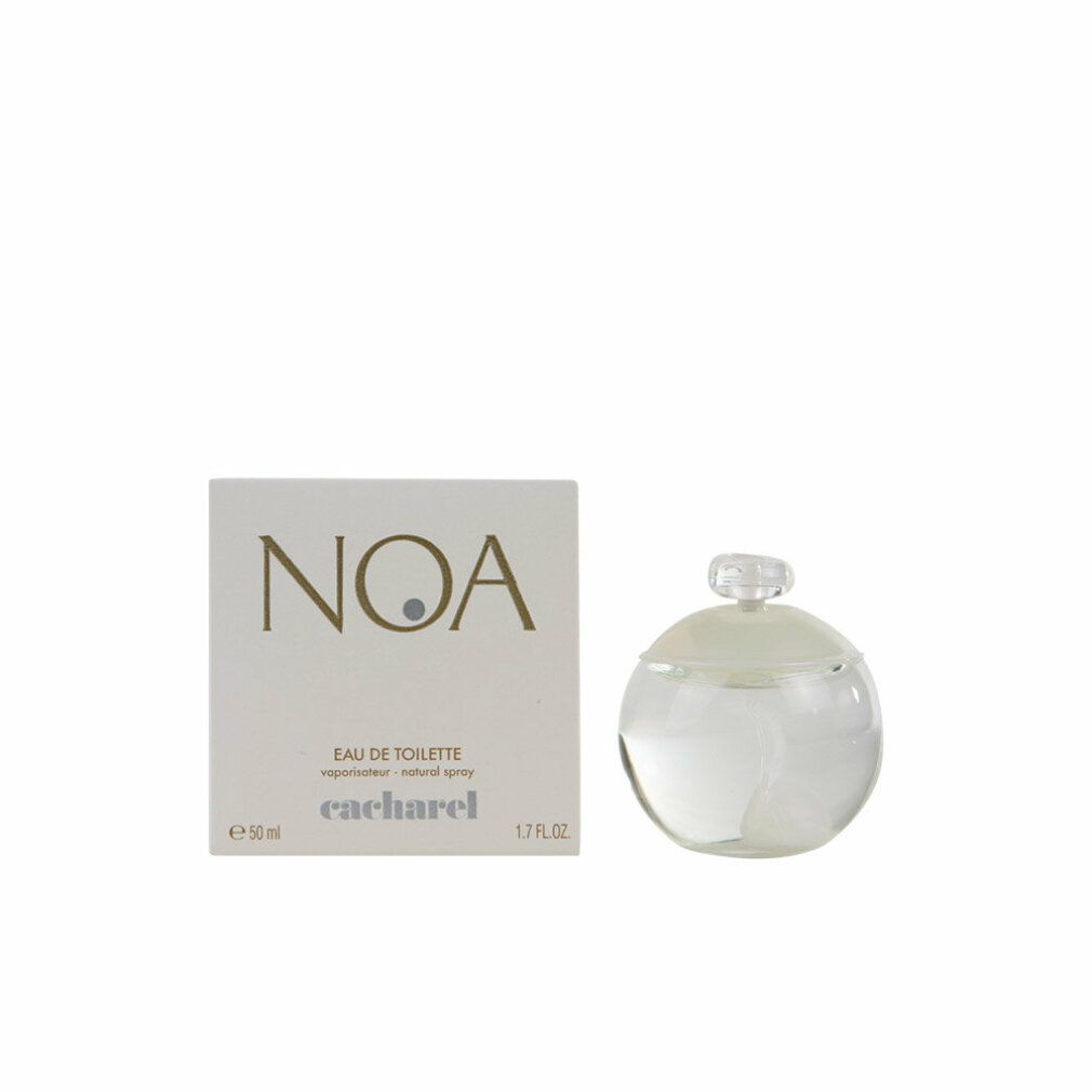 Weiße Schachtel und runde Glasflasche. Auf der Schachtel steht "NOA", "EAU DE TOILETTE" und "cacharel". Flasche mit durchsichtigem Inhalt.