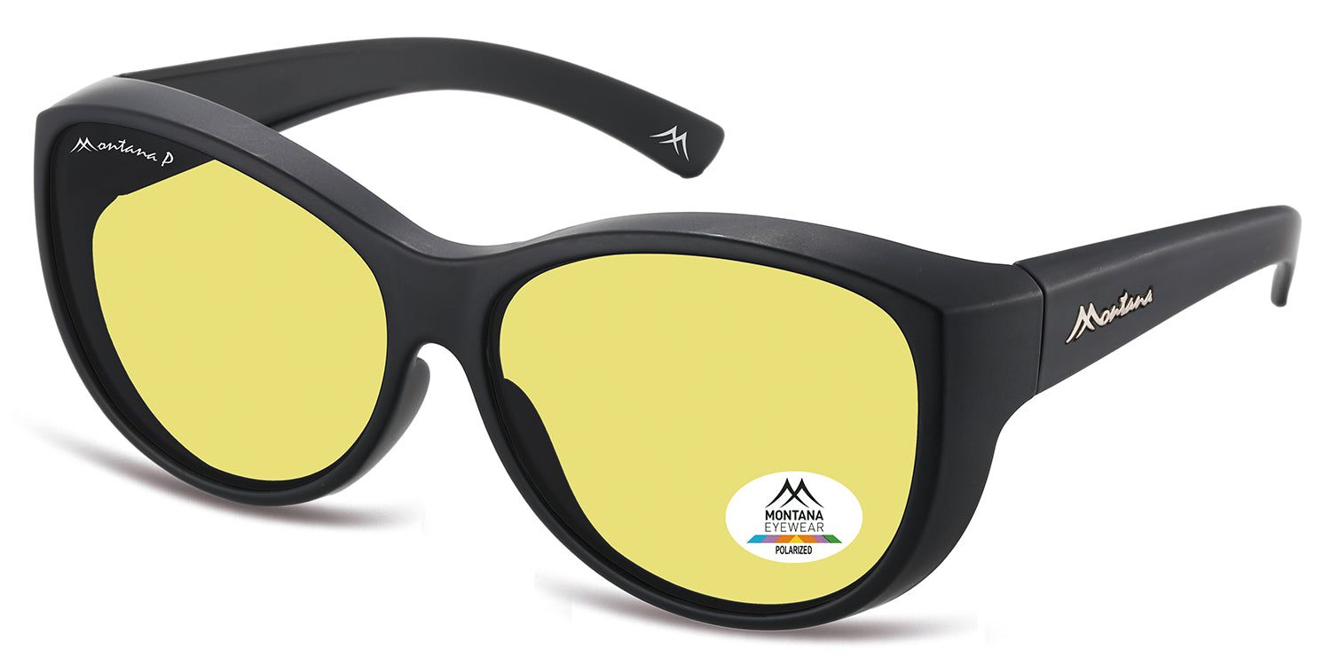 Schwarze Sonnen-Überbrille mit gelben Gläsern. Montana Eyewear Logo und Polarisations-Aufkleber. Schwarzer Rahmen.