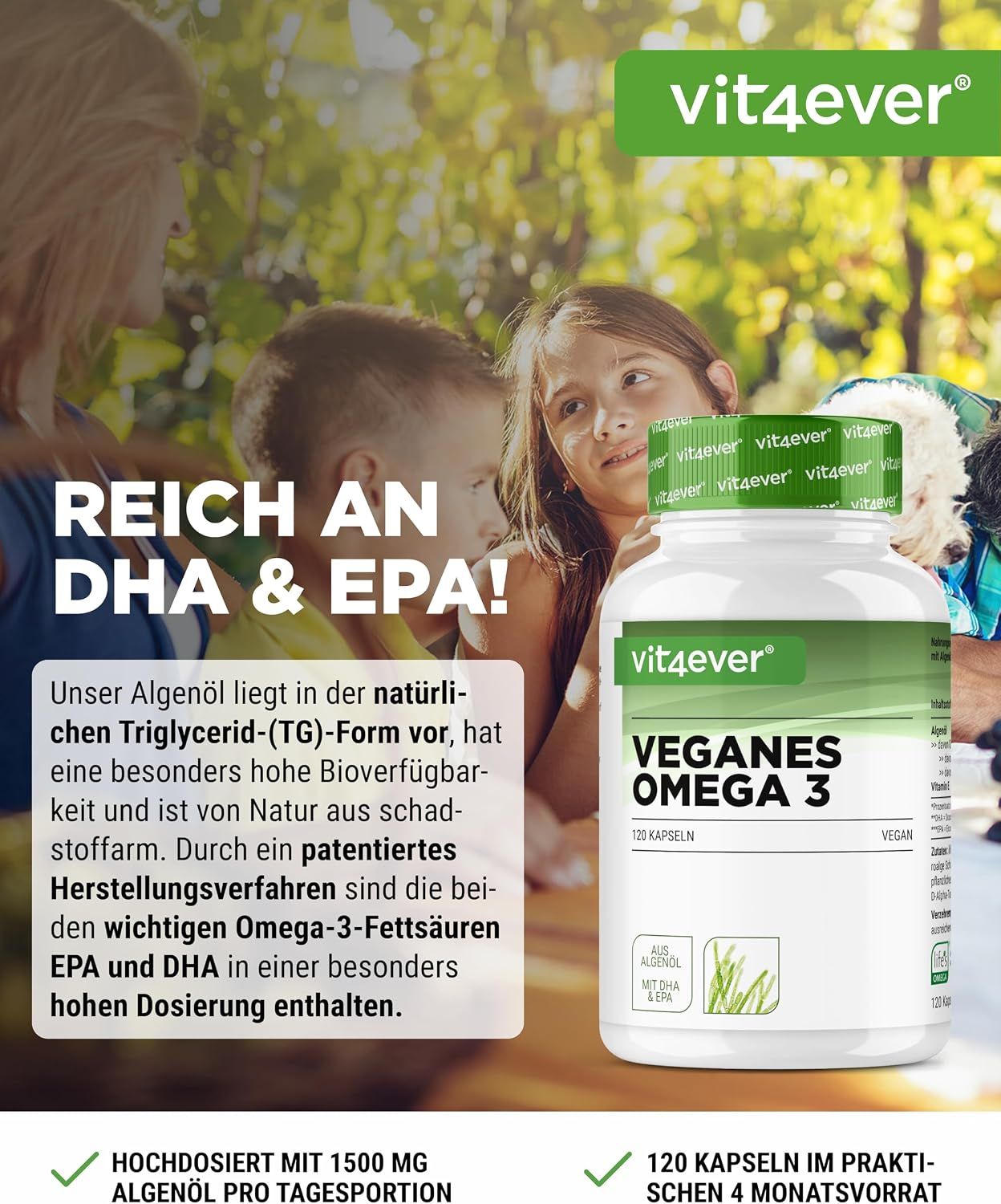 Vit4ever veganes Omega 3: Familie genießt die Natur. Flasche mit 120 Kapseln.