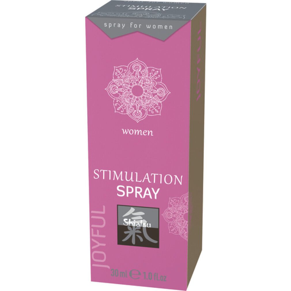 Rosa Verpackung mit "Stimulation Spray" Schriftzug. Logo und Text "JOYFUL". Unten steht "30 ml".