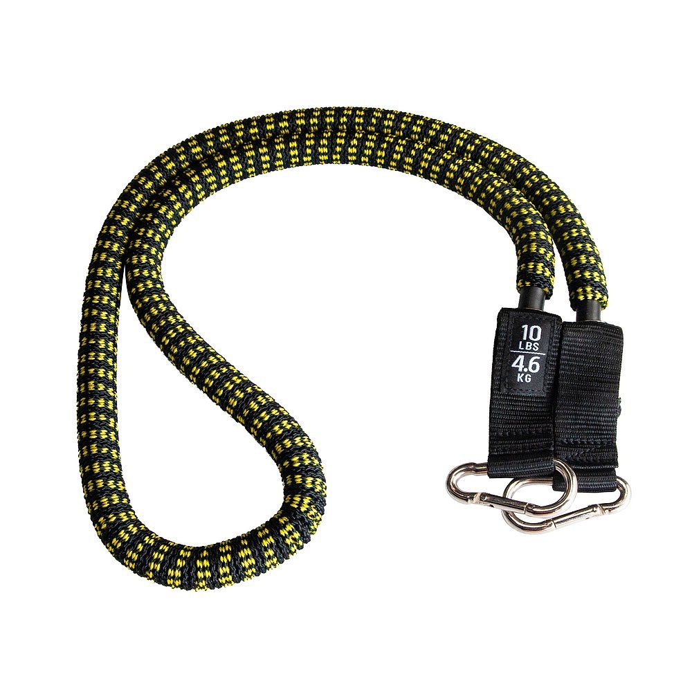 Gelb-schwarzes Sport-Thieme Tube Premium. Schwarze Schlaufen mit Karabinerhaken. Aufschrift: 10 LBS, 4.6 KG.