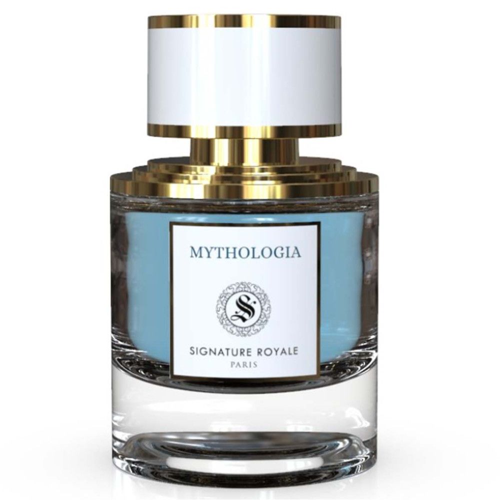 Parfümflakon mit blauem Inhalt. Weißer Deckel mit goldenen Akzenten. Aufschrift Mythologia und Signature Royale.