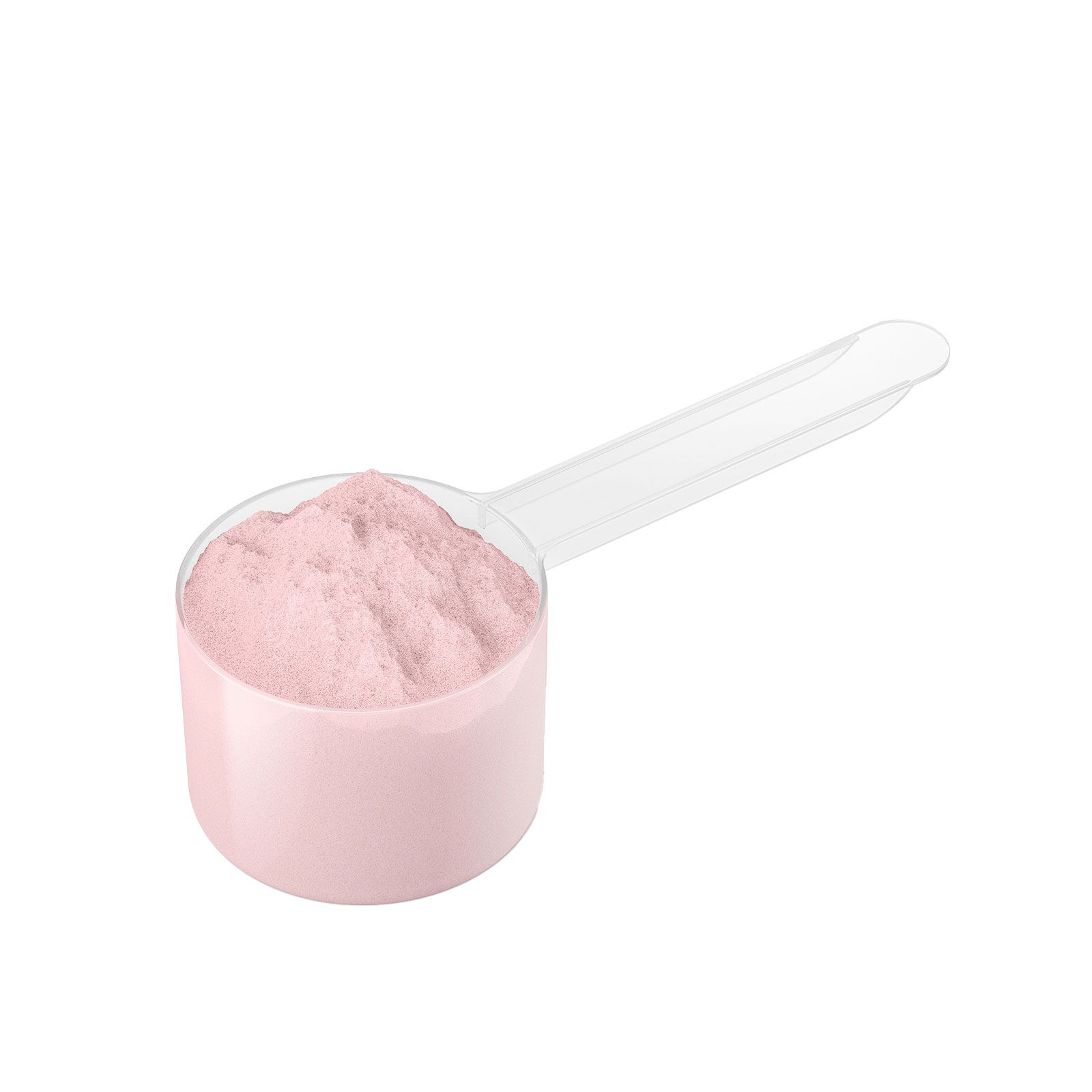 Rosa Pulver in einem transparenten Messlöffel. Der Löffel hat einen langen Griff.