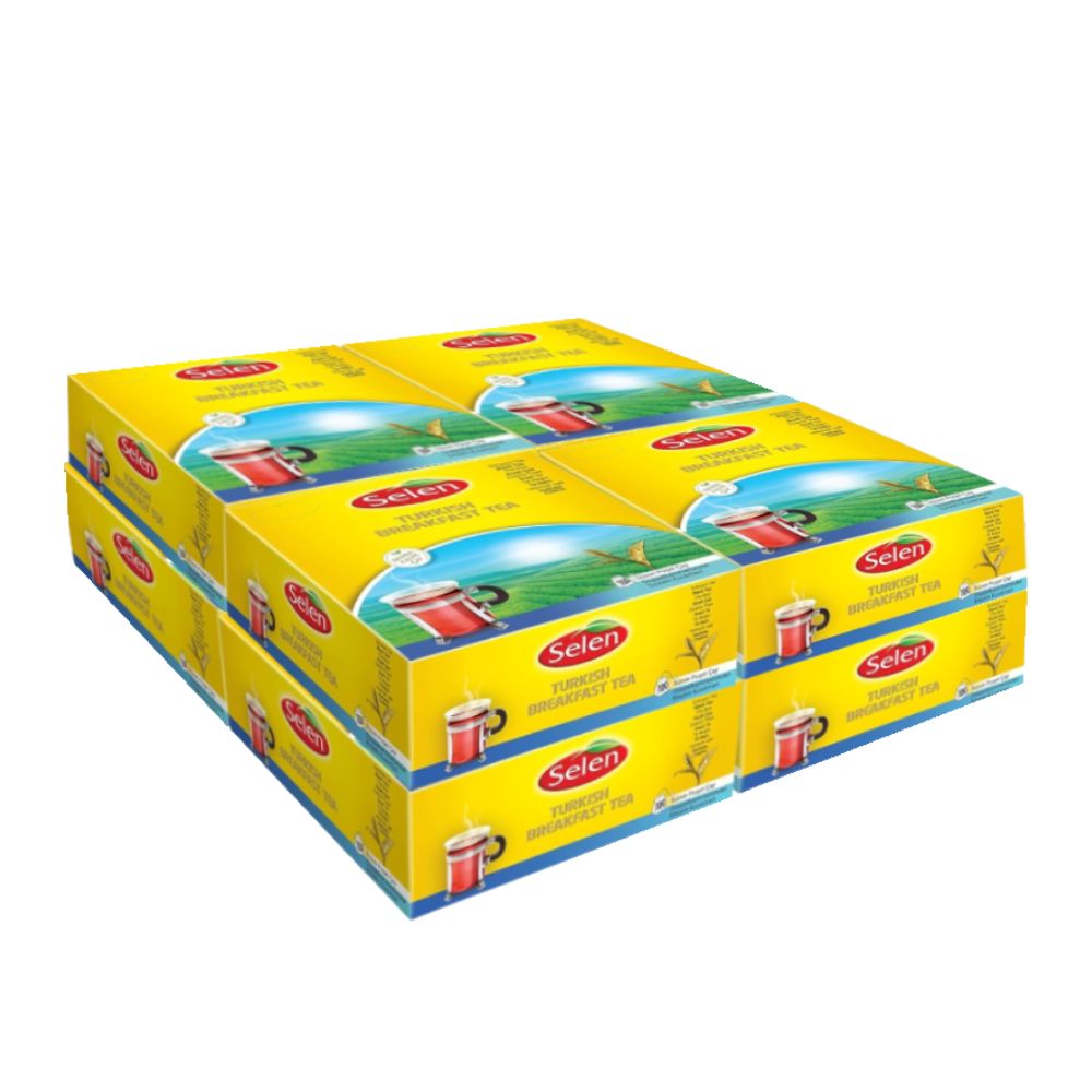Mehrere gelbe Kartons mit Aufdruck. Auf jedem Karton steht "Selen Turkish Breakfast Tea". Aufdruck zeigt eine Tasse Tee.