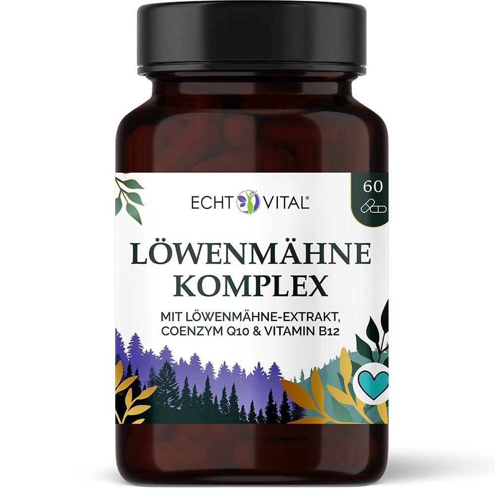 Braune Pillendose mit weißem Etikett. Enthält Löwenmähne Komplex mit Q10 und B12. 60 Kapseln.