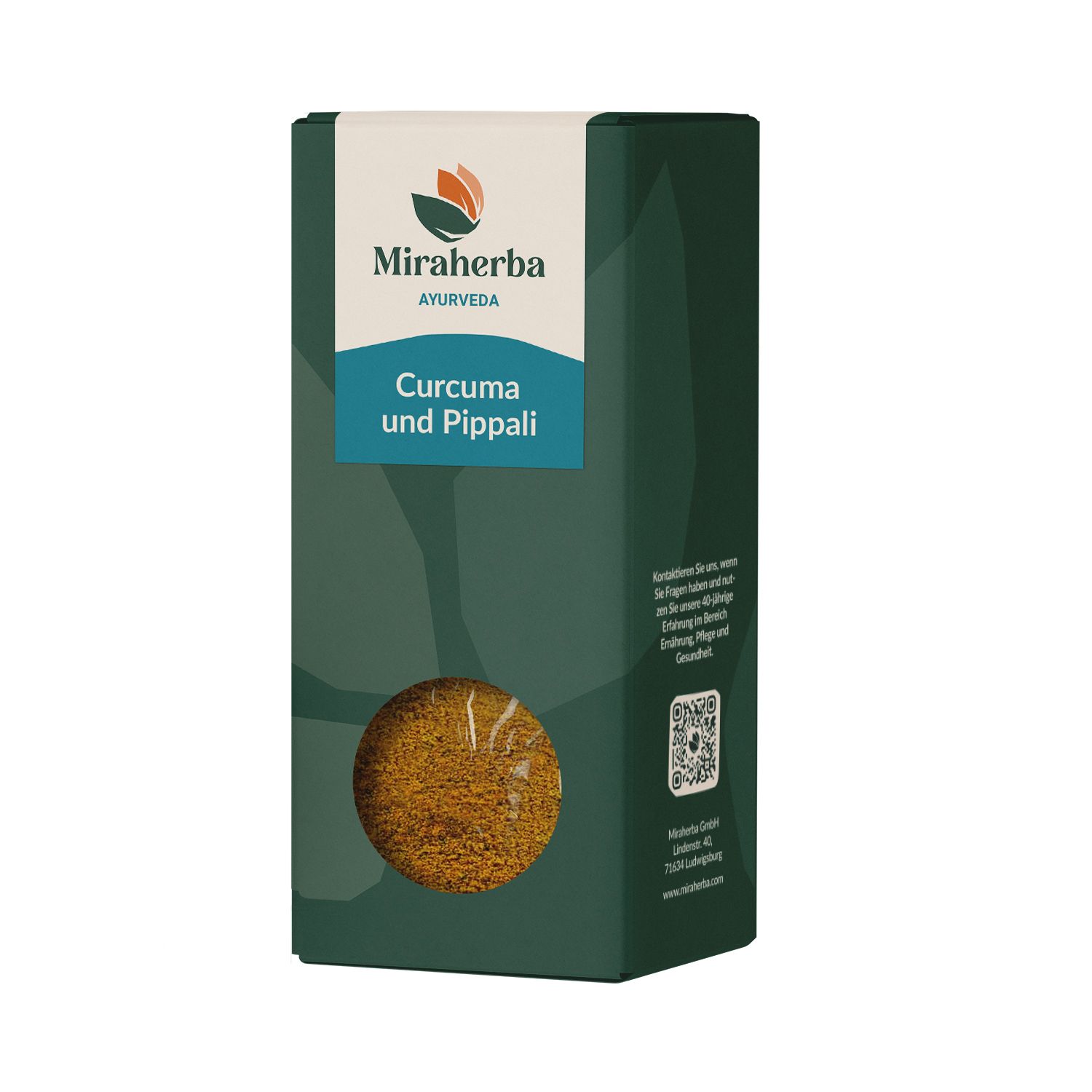 Grüne Produktverpackung mit Logo und Text. Sichtfenster zeigt Inhalt. Aufschrift: Curcuma und Pippali.