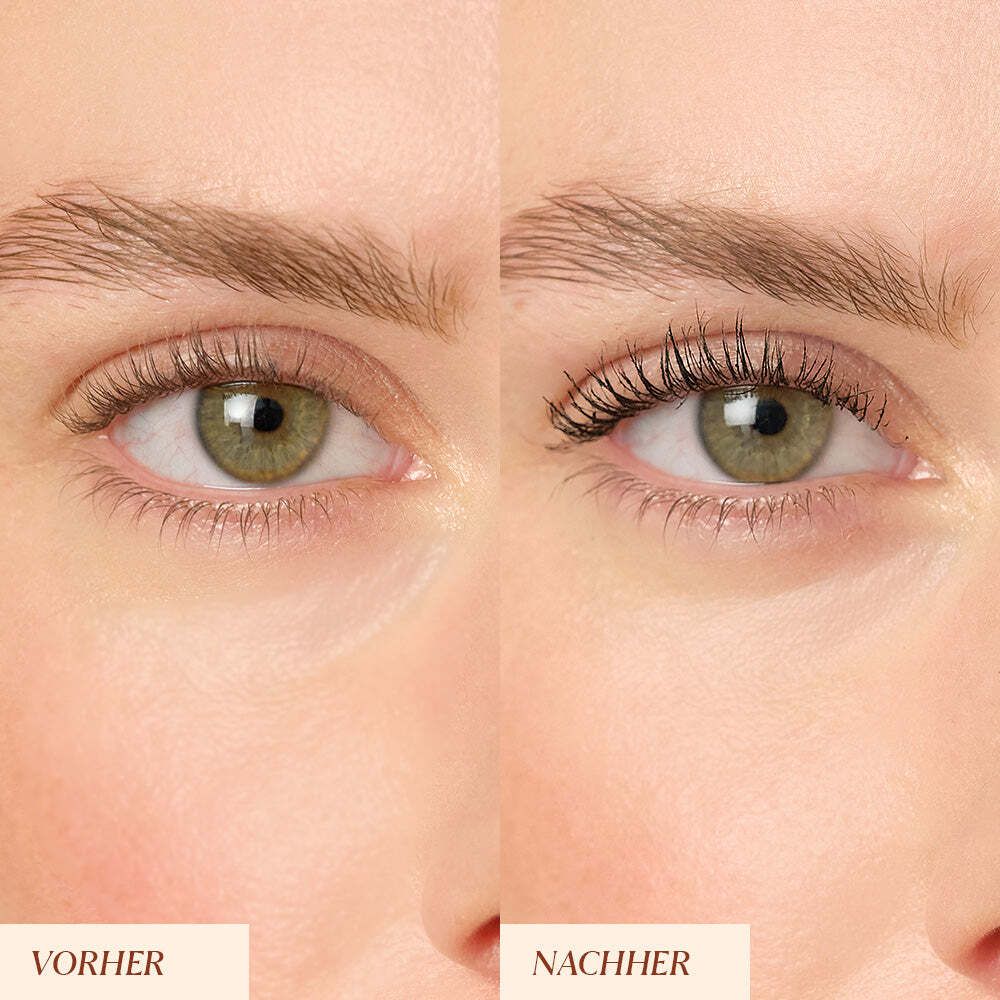 Vergleich von Augen mit und ohne Mascara. Text: VORHER, NACHHER.
