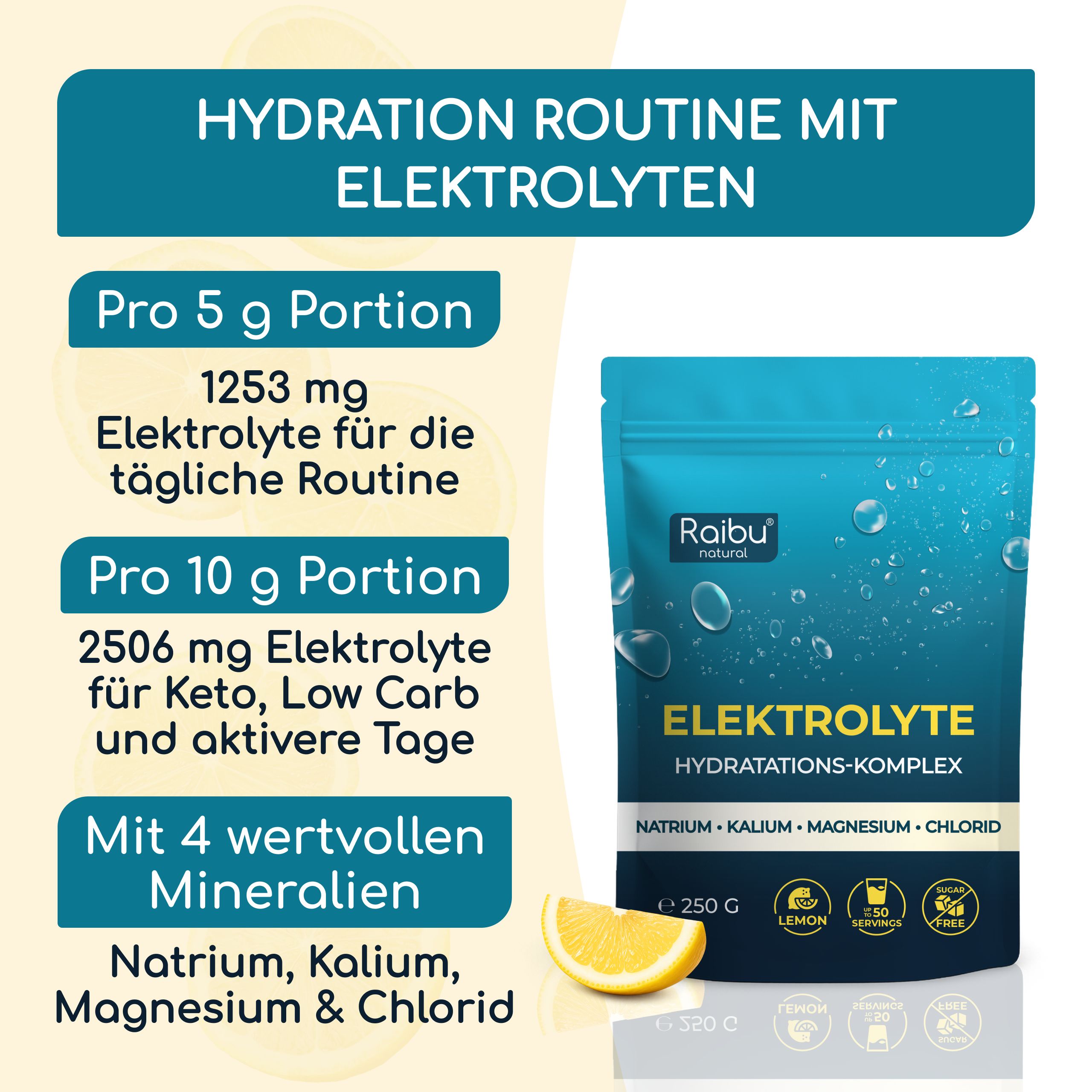 Blauer Beutel mit Elektrolyten-Hydratations-Komplex von Raibu Natural, 250g. Enthält Natrium, Kalium, Magnesium & Chlorid.