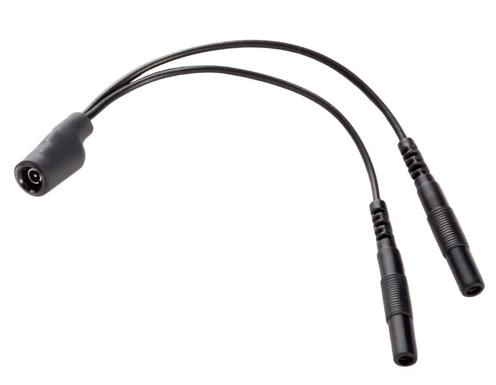 Schwarzes Adapterkabel mit einem runden Stecker und zwei kleineren Steckern. Kabel sind flexibel.