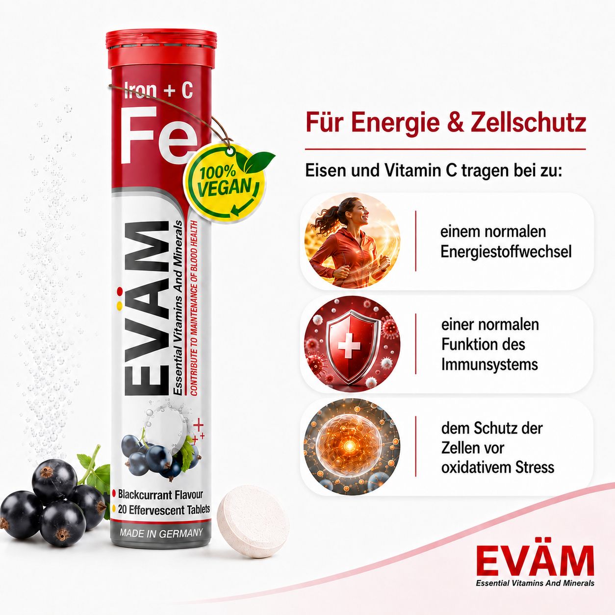 EVÄM Eisen + Vitamin C für Energie und Zellschutz, mit Illustrationen.