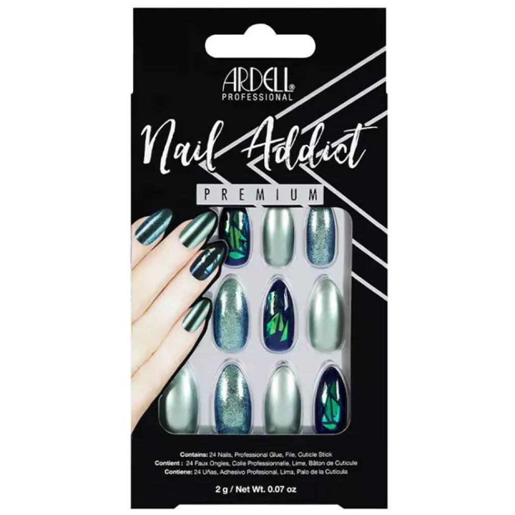 Ardell Nail Addict Premium False Nails. Grün-glitzernde Chrome-Nägel in Verpackung. 12 Nägel in verschiedenen Designs.