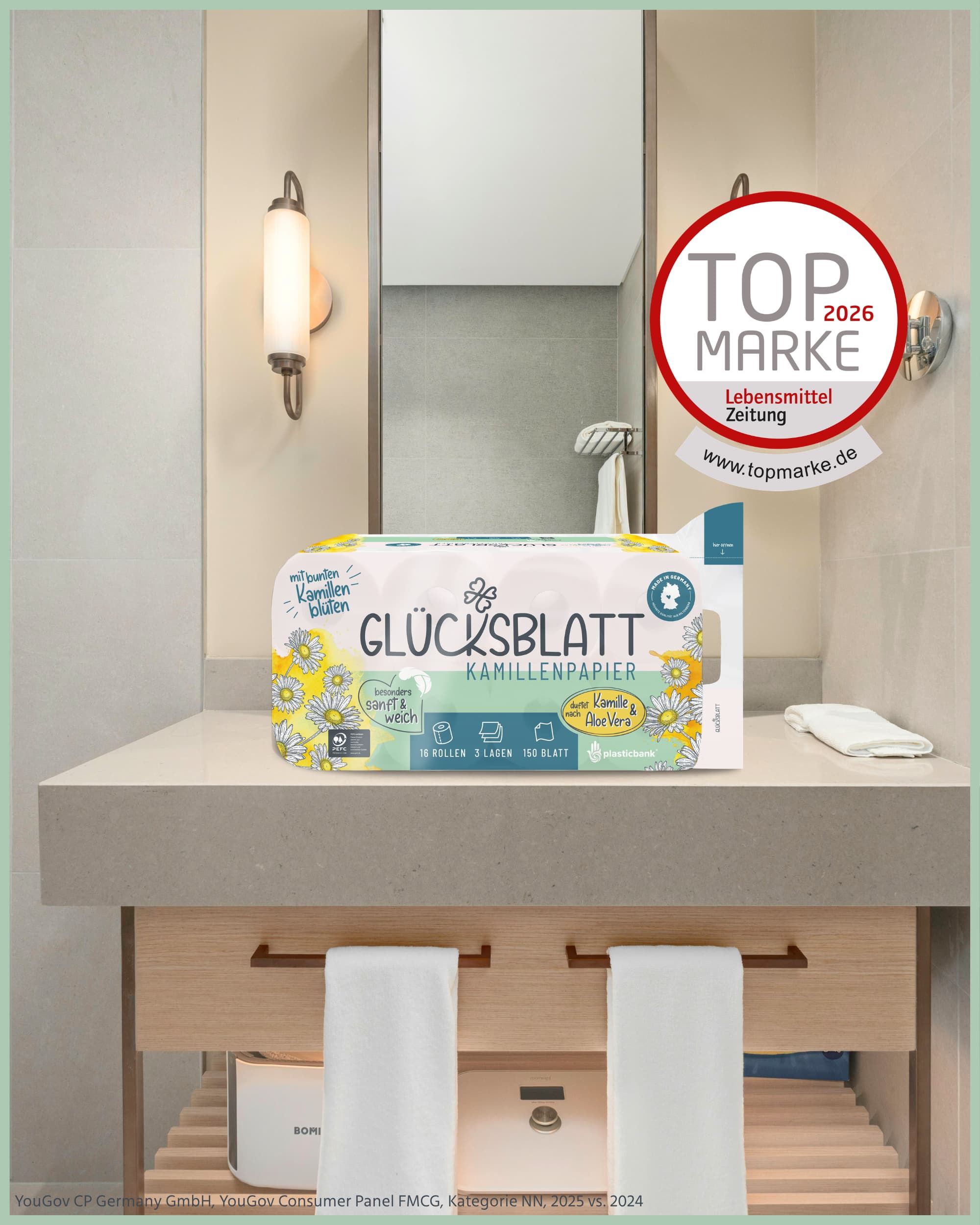 Glücksblatt Toilettenpapier Kamille in einem Badezimmer, ausgezeichnet als Top-Marke.
