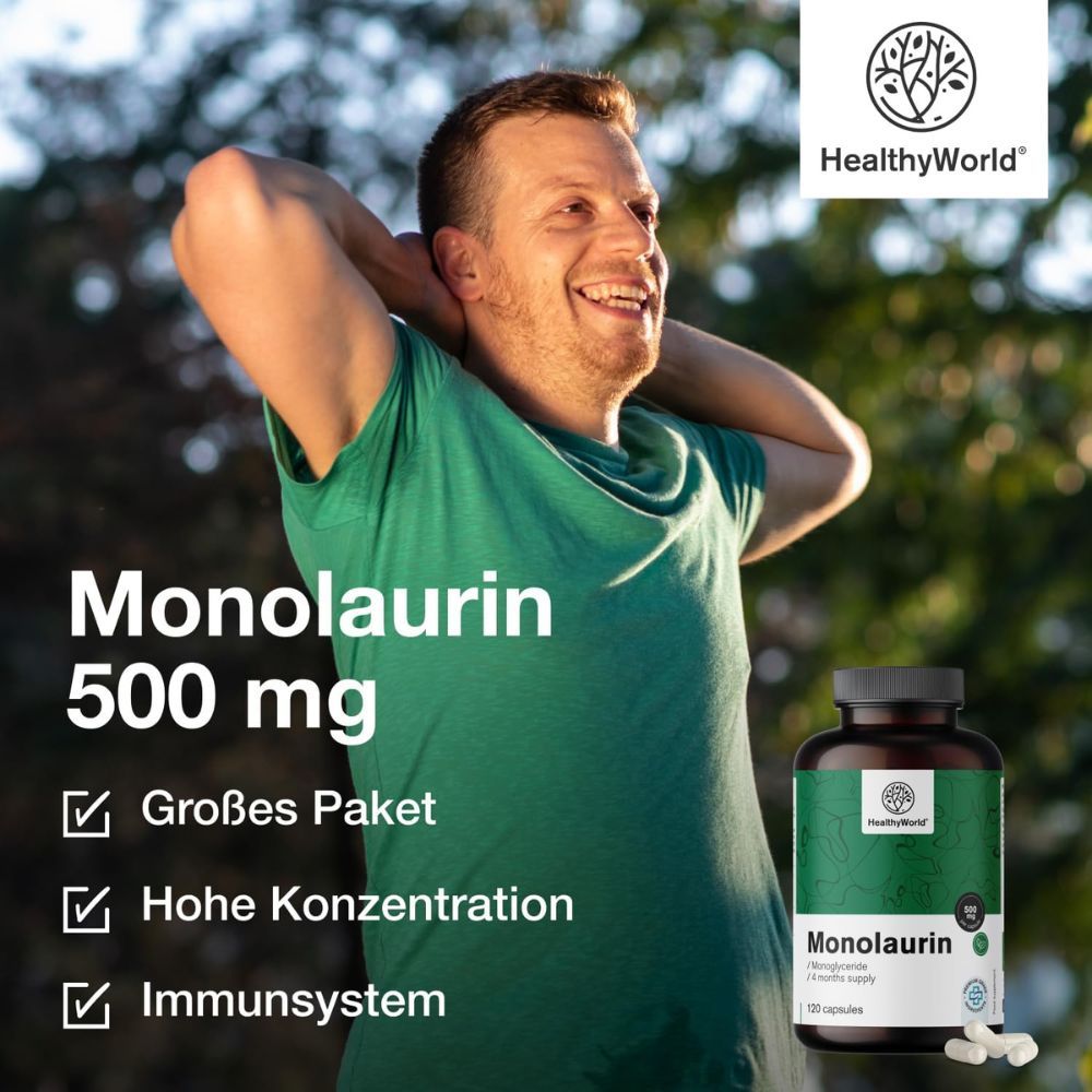 Mann mit Händen hinter dem Kopf, daneben eine Flasche Monolaurin 500 mg.