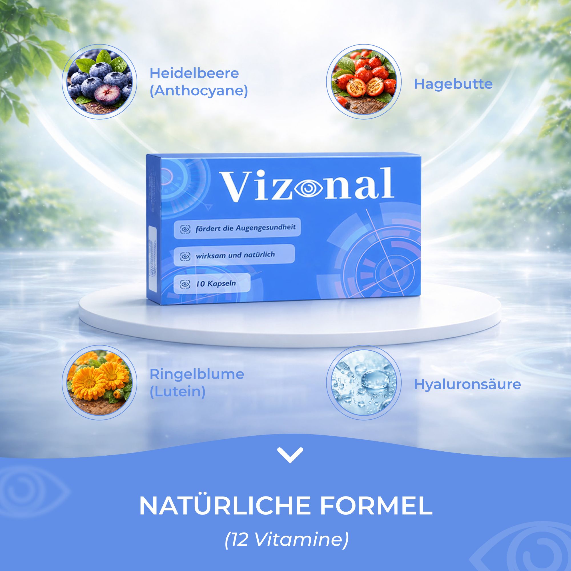 Blaue "Vizonal"-Schachtel, Blaubeeren, Hagebutten, Ringelblume und Hyaluronsäure. Text: "Natürliche Formel (12 Vitamine)".