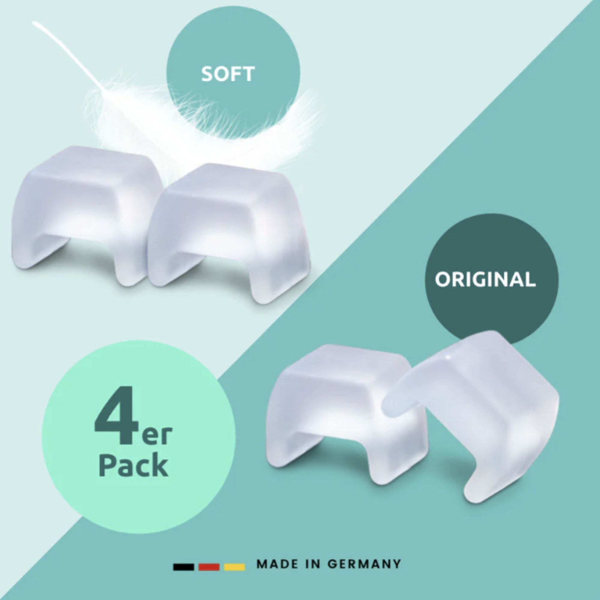 Zwei Paare durchsichtiger, U-förmiger Produkte. Aufschrift: SOFT und ORIGINAL. 4er Pack. Hergestellt in Deutschland.
