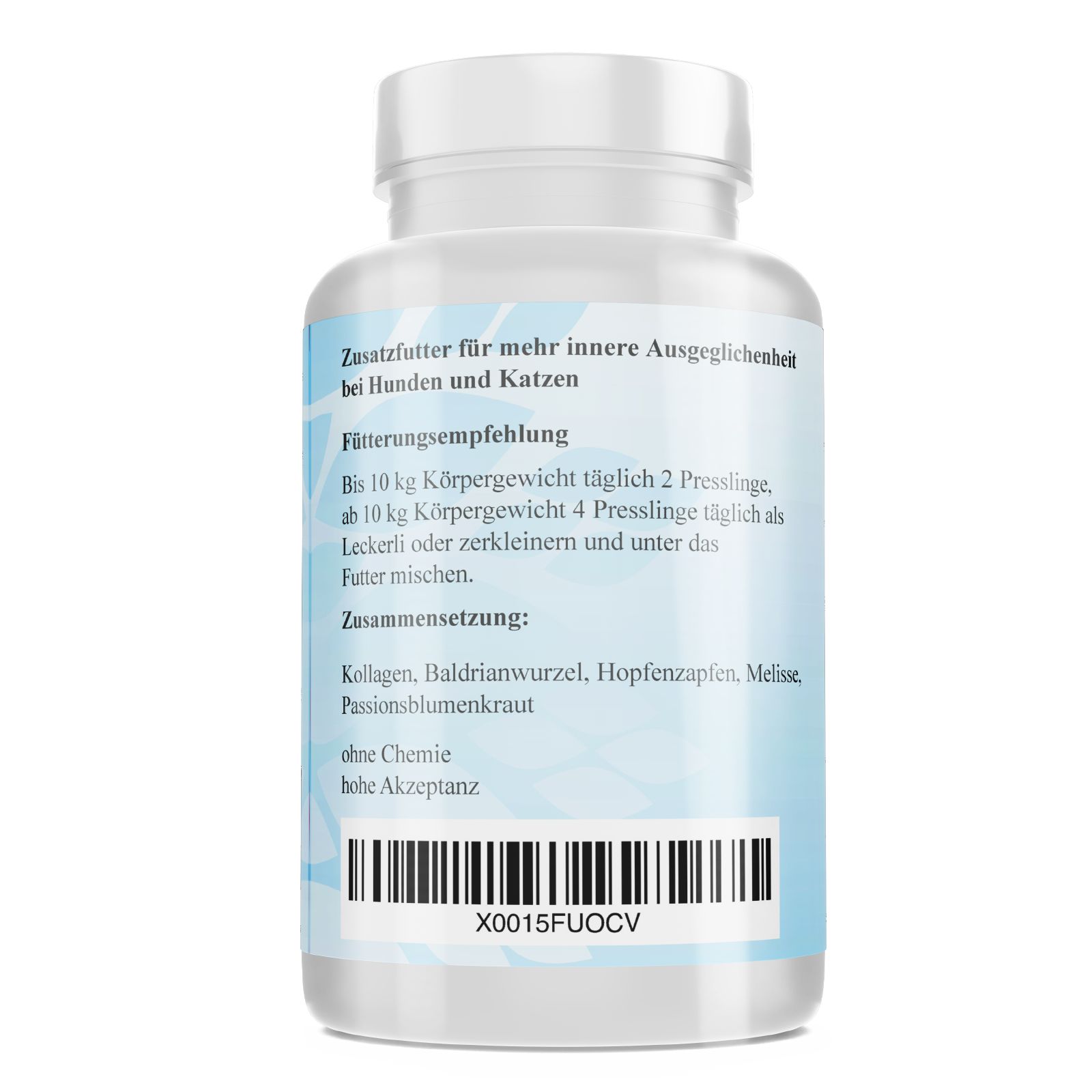 Rückseite einer weißen Flasche. Text über Zusatzfutter für Hunde und Katzen. Zutatenliste und Barcode.