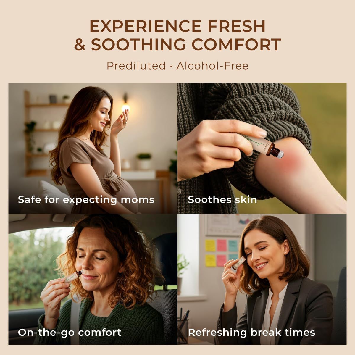 Vier Bilder zeigen die Anwendung des Roll-Ons. Schwangere Frau, Haut, Frau im Auto, Frau im Büro. Text: Erfahrung frische & beruhigende Komfort.