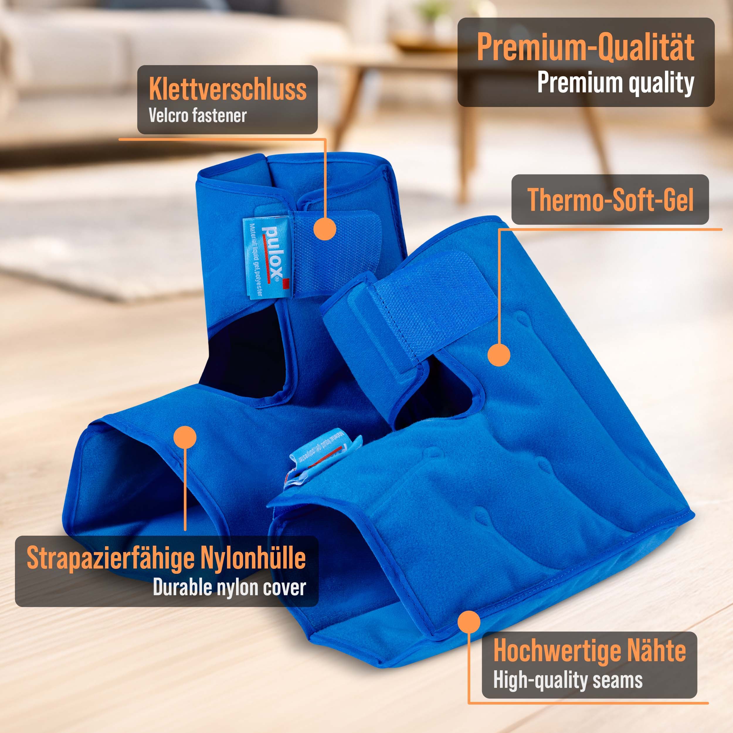 Zwei blaue Manschetten mit Klettverschluss und dem Logo "pulox". Beschriftungen: "Premium-Qualität", "Thermo-Soft-Gel", "Strapazierfähige Nylonhülle", "Hochwertige Nähte".