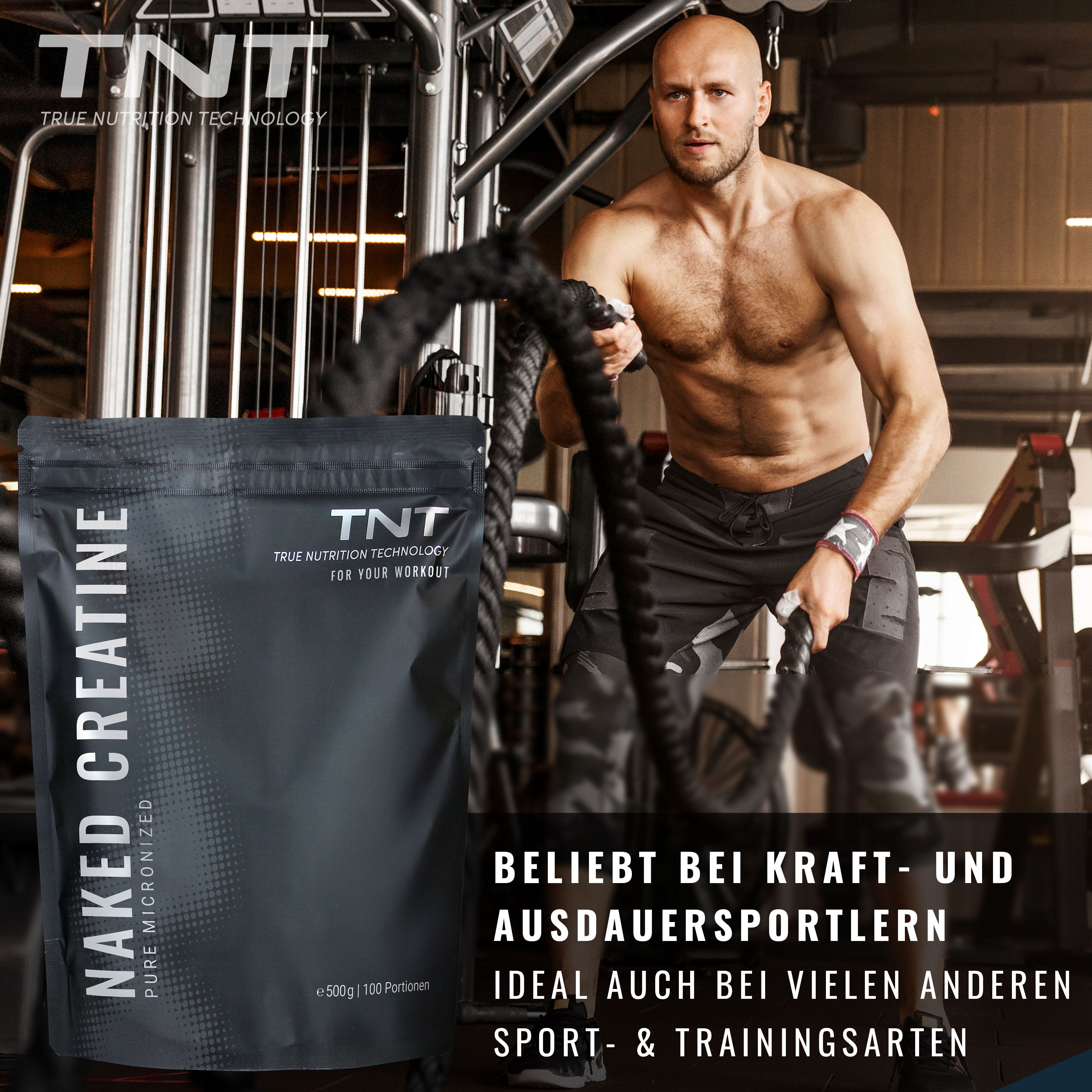 Mann trainiert mit Seilen. Neben ihm steht eine "NAKED CREATINE" Verpackung. Text: Beliebt bei Kraft- und Ausdauersportlern.