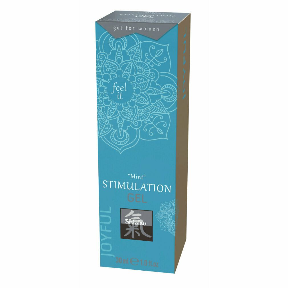 Türkisfarbene Schachtel mit Aufschrift "Stimulation Gel". Logo und Schriftzug "feel it".