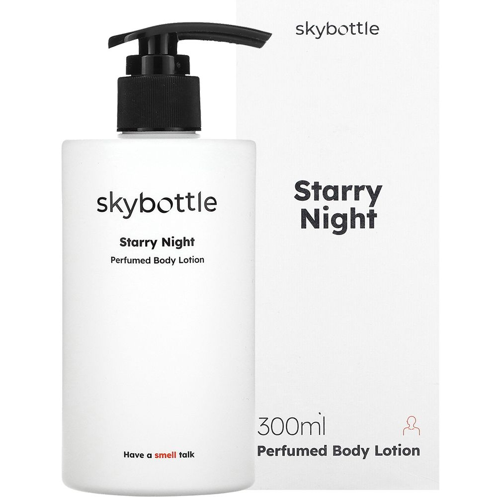 Weiße Flasche und Verpackung mit schwarzem Pumpkopf. Aufschrift: skybottle, Starry Night, 300ml Perfumed Body Lotion.