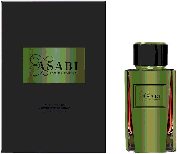 Flakon und Verpackung von Asabi Eau de Parfum. Schwarze Verpackung mit grünem Logo. Grüner Flakon mit schwarzem Deckel und grünem Logo.