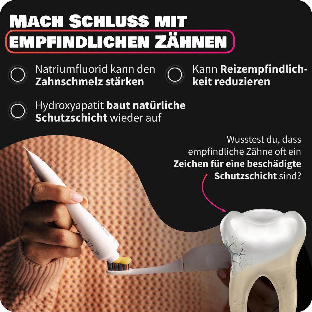 Hand hält Zahnheld Zahnpasta Sensitive Tube über einer Zahnbürste mit gelber Paste.