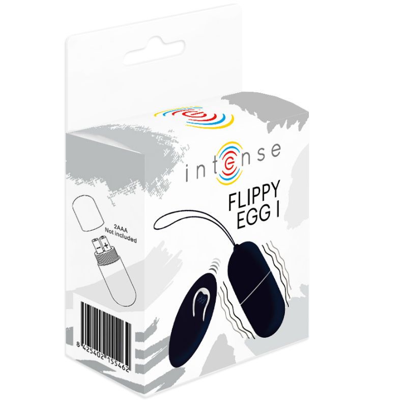 Verpackung mit schwarzem, vibrierendem Ei und Fernbedienung. Auf der Verpackung steht "intense" und "FLIPPY EGG I".