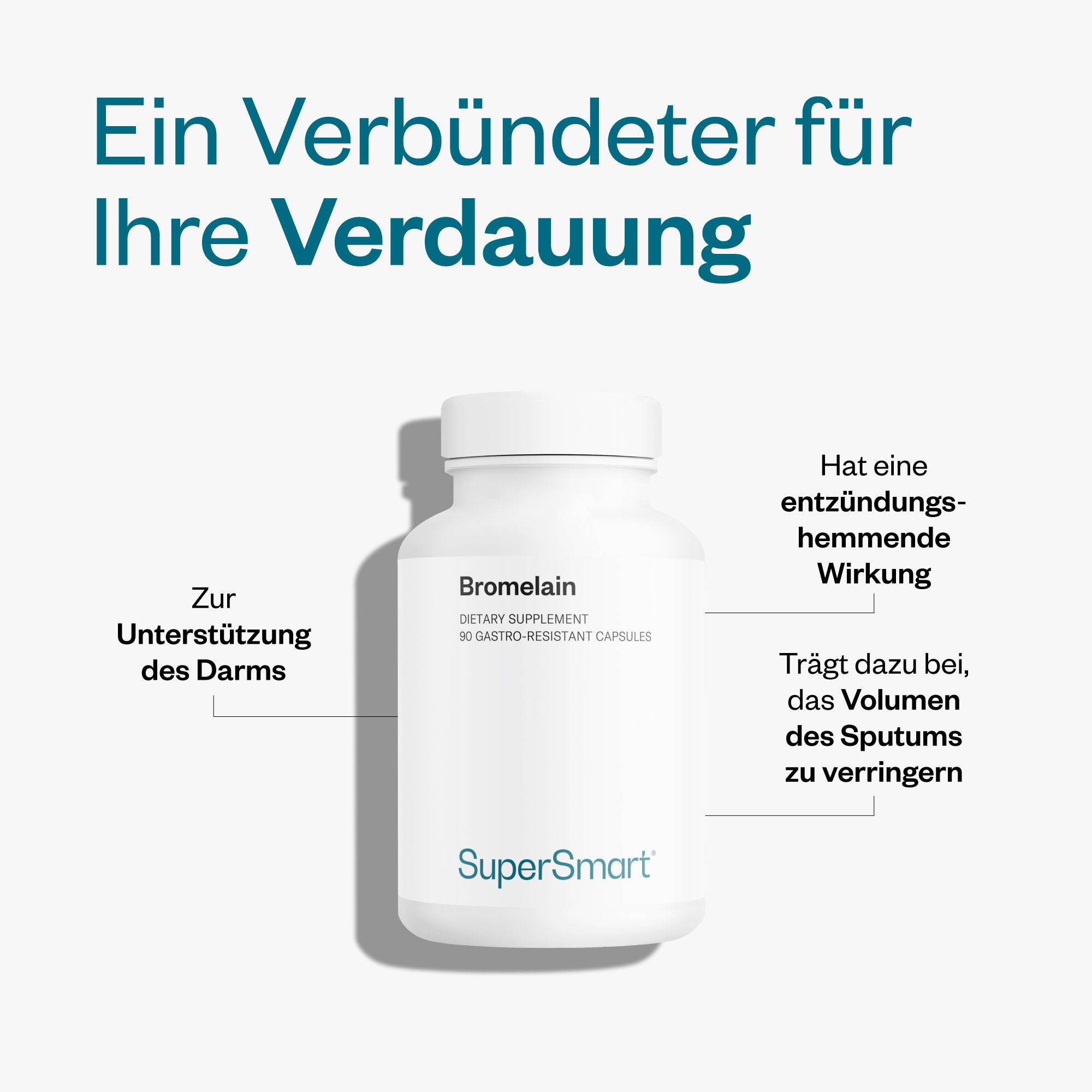 Weiße Flasche mit Bromelain-Kapseln. Text: Zur Unterstützung des Darms, entzündungshemmende Wirkung, reduziert das Volumen des Sputums. Marke: SuperSmart.