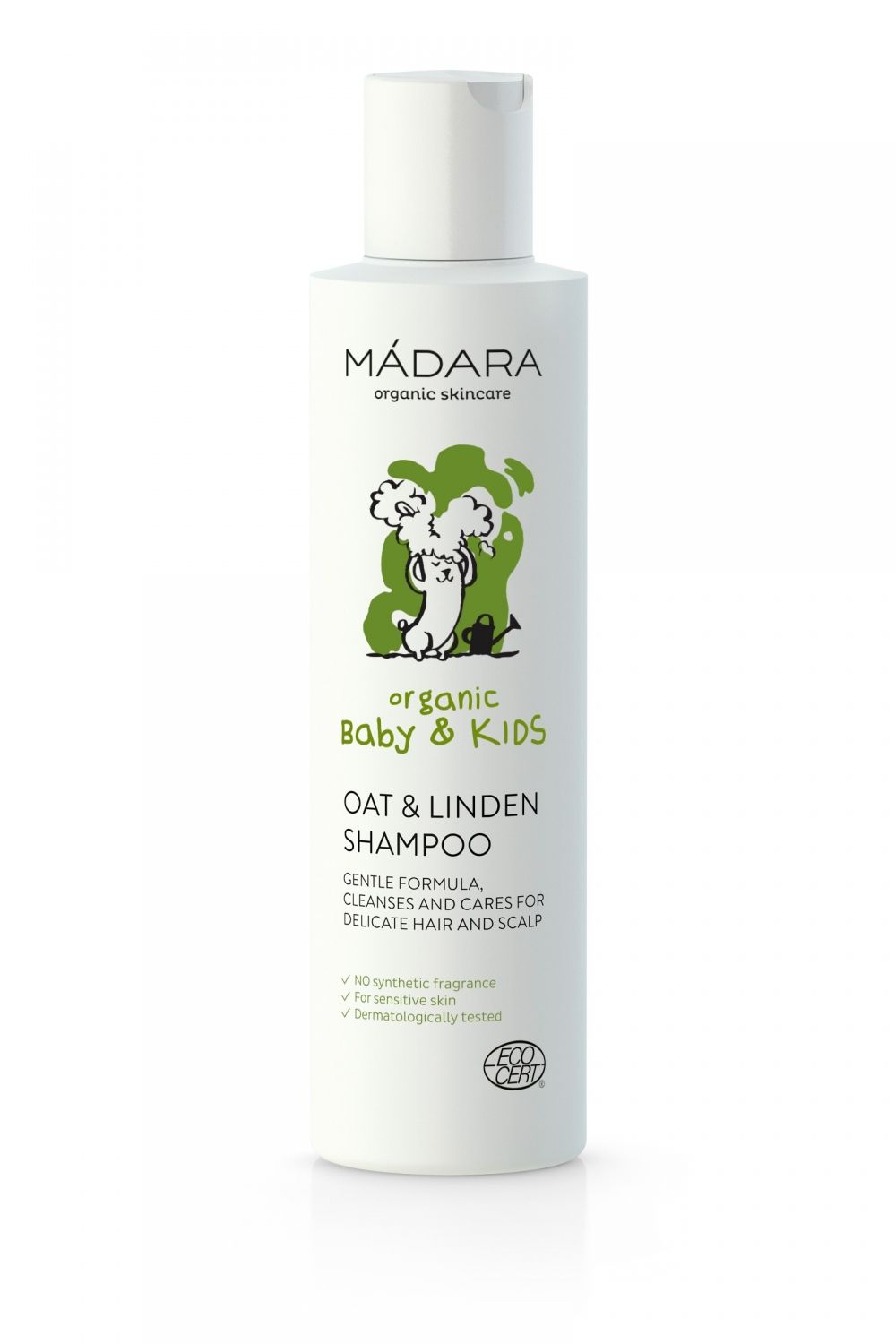 Weißes Shampoo mit grünem Etikett. Aufschrift: Madara, organic Baby & Kids, Oat & Linden Shampoo. Mit Eco Cert Siegel.