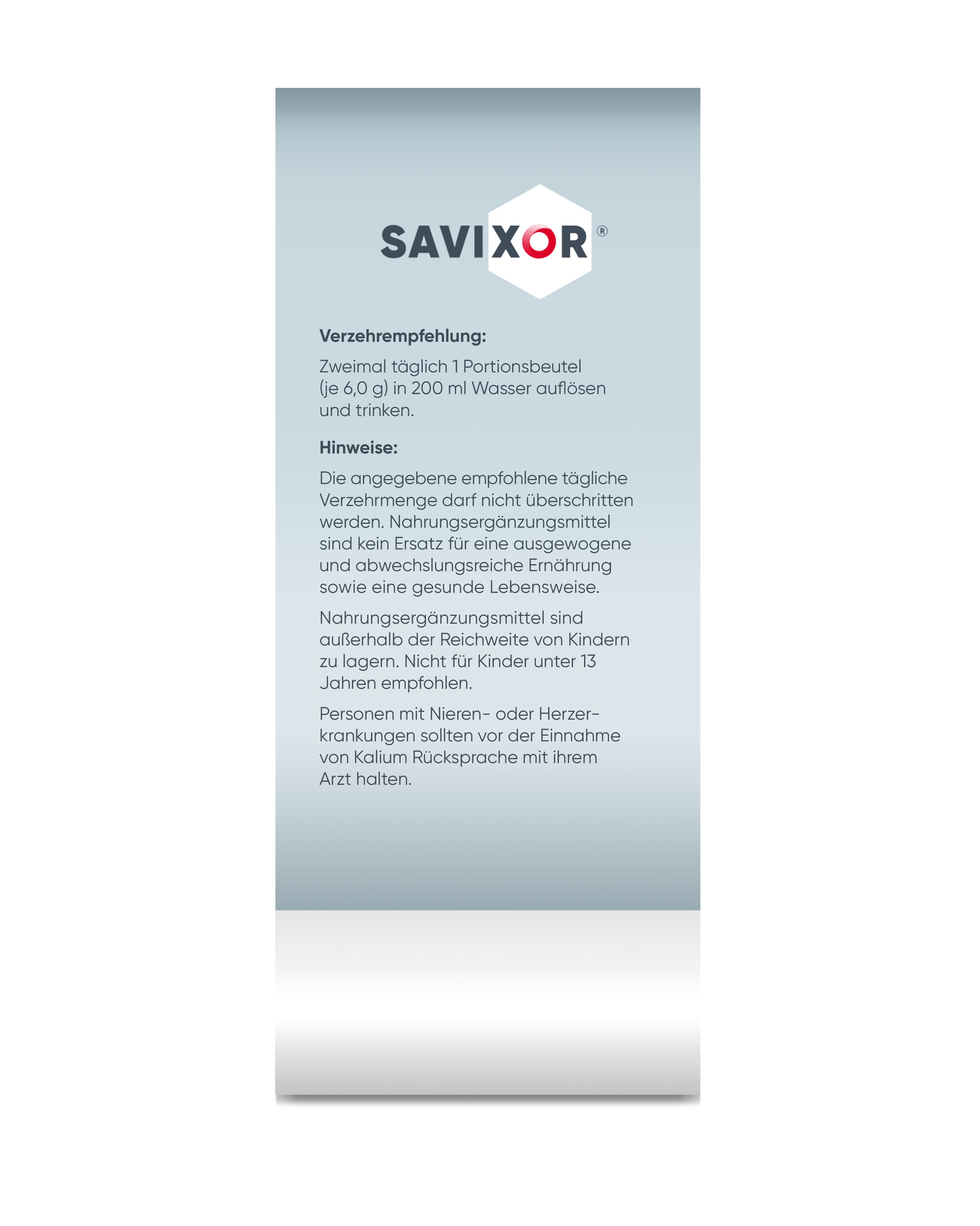 Weißer Streifen mit Text: Savixor-Logo, Verzehrempfehlung, Hinweise. Text: Nahrungsergänzungsmittel. Arzt konsultieren.