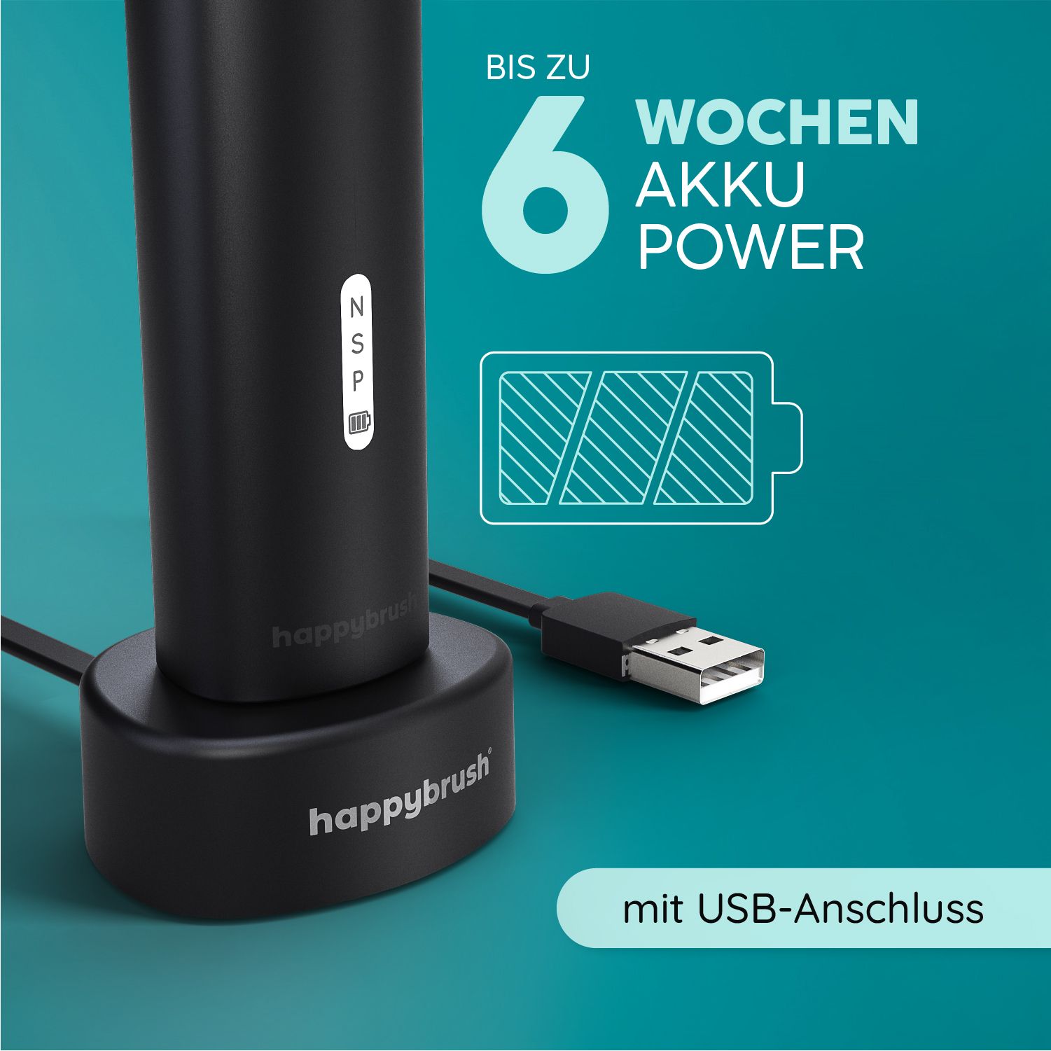 Schwarze Schallzahnbürste auf Ladestation mit USB-Anschluss. Text: 'Bis zu 6 Wochen Akku Power'.
